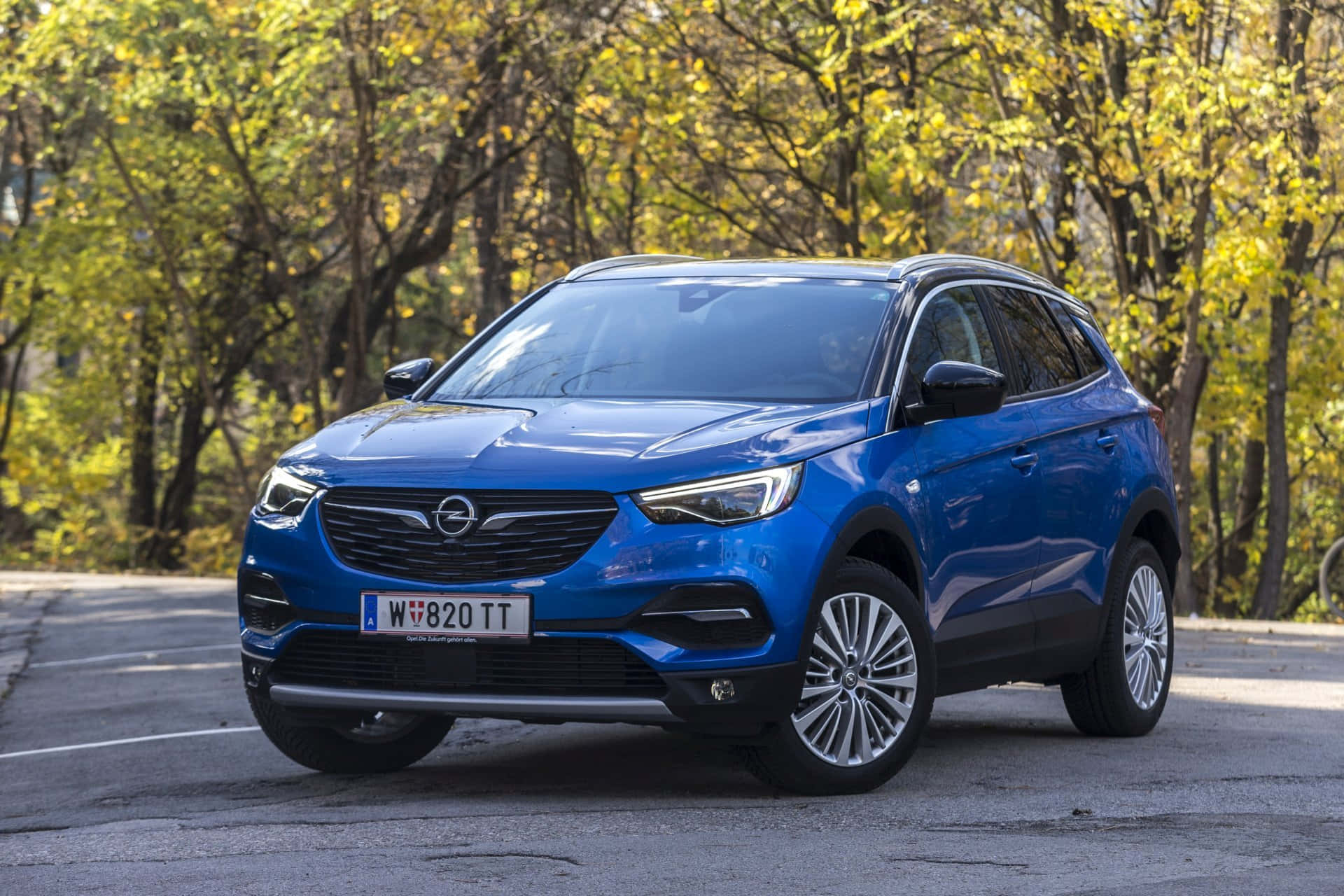Opel Grandland X 桌布 壁紙 — 一輛充滿活力的藍色歐寶SUV停放在鋪砌的道路上，周圍是金色的秋樹。