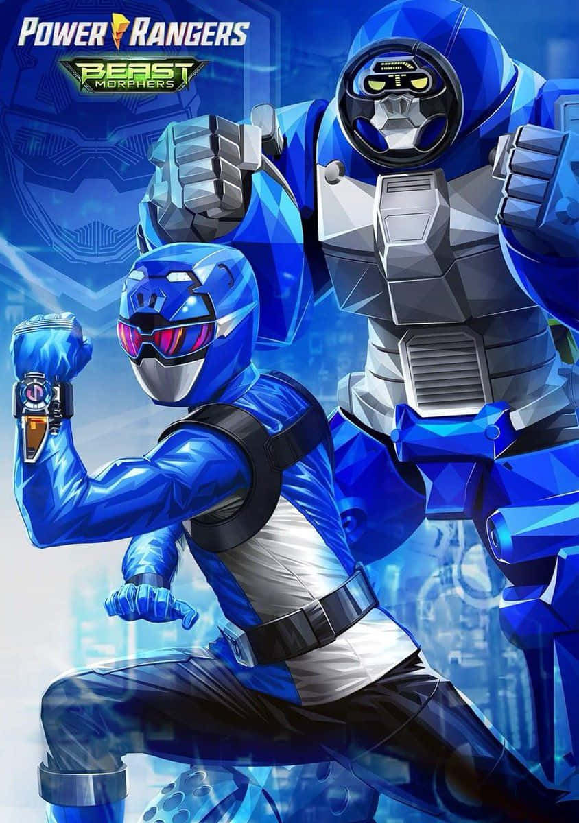  壁紙 — 藍色Power Ranger以動感姿勢站在一座高聳的藍色機器人旁邊，機器人有發光的眼睛，背景是未來城市。