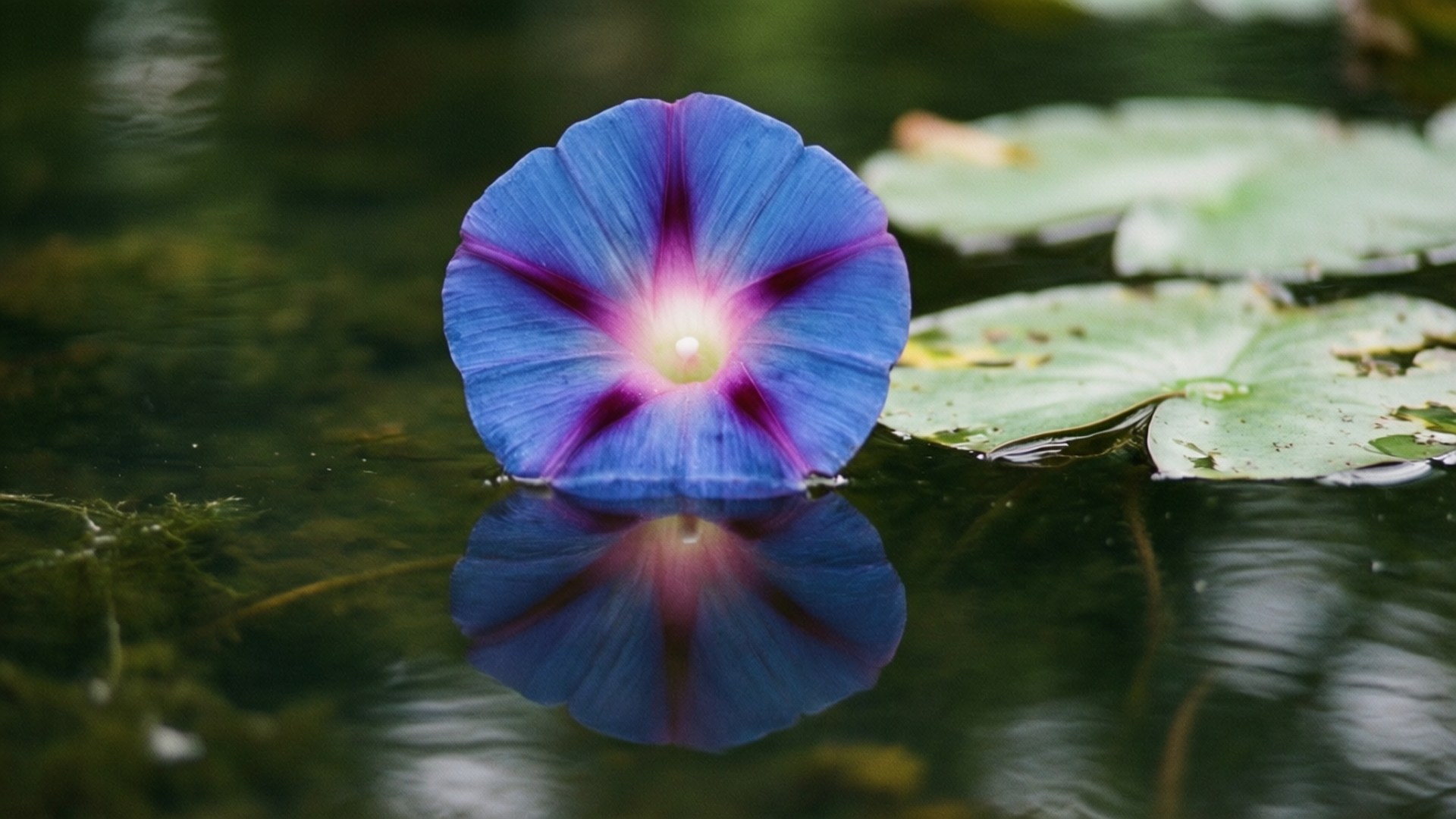 Floating on Pond 壁紙 — 一朵帶有紫色條紋的鮮豔藍色牽牛花漂浮在水面上，水面反射出它對稱的花朵，旁邊有綠色的睡蓮葉。