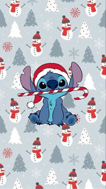 史迪奇戴聖誕帽拿拐杖糖，有雪人和樹 — Stitch 壁紙