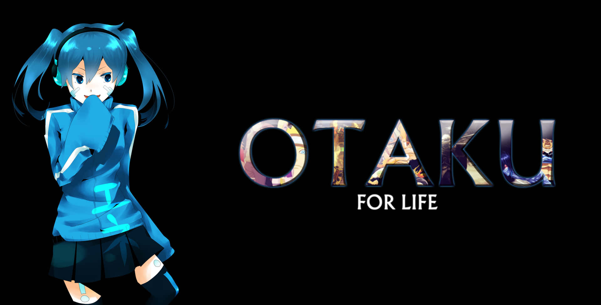  壁紙 — 藍色雙馬尾、身穿校服的動漫女孩，在黑色背景上「OTAKU FOR LIFE」文字旁邊捂住嘴巴。