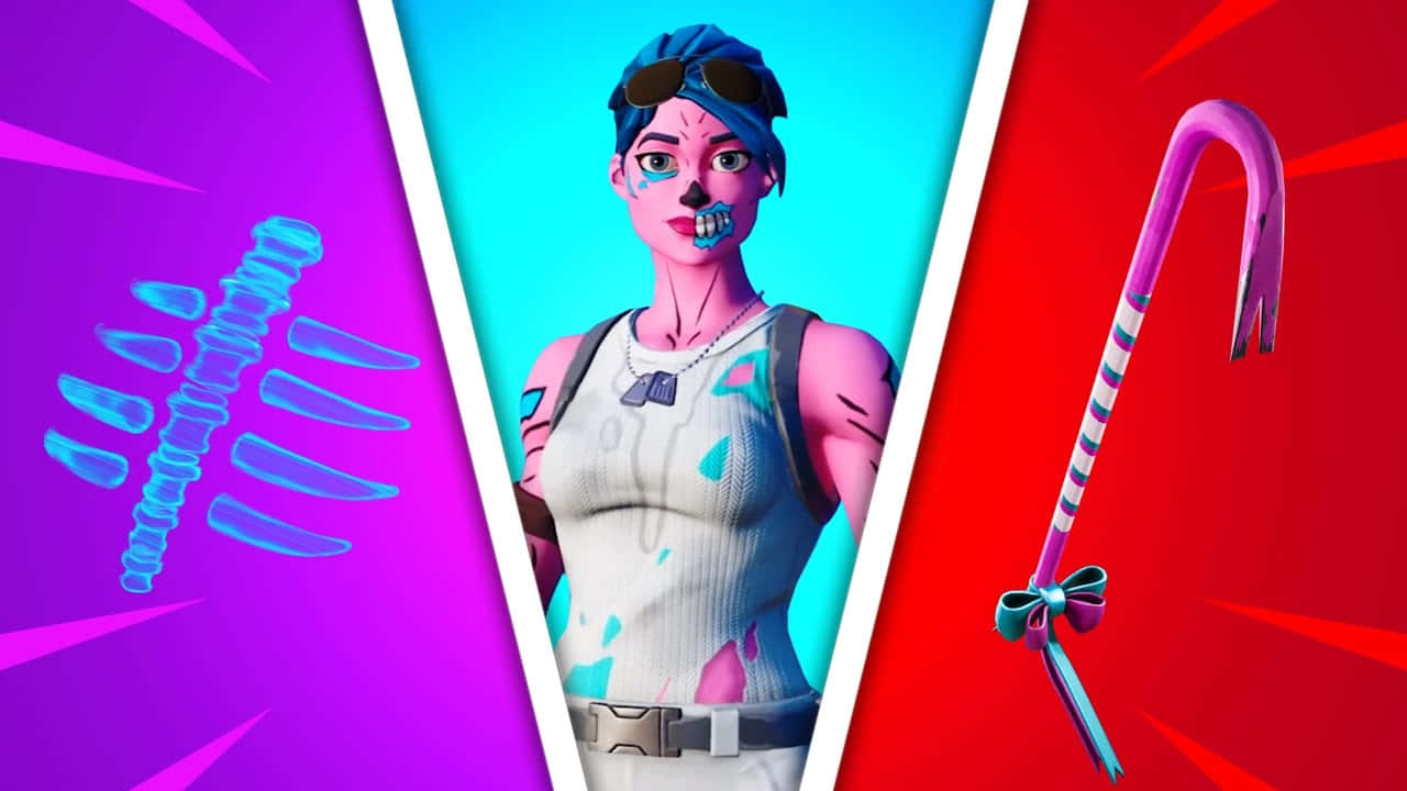  壁紙 — 一個藍色頭髮和臉部彩繪的Fortnite角色站在發光的紫色肋骨和糖果杖武器之間，背景鮮豔。