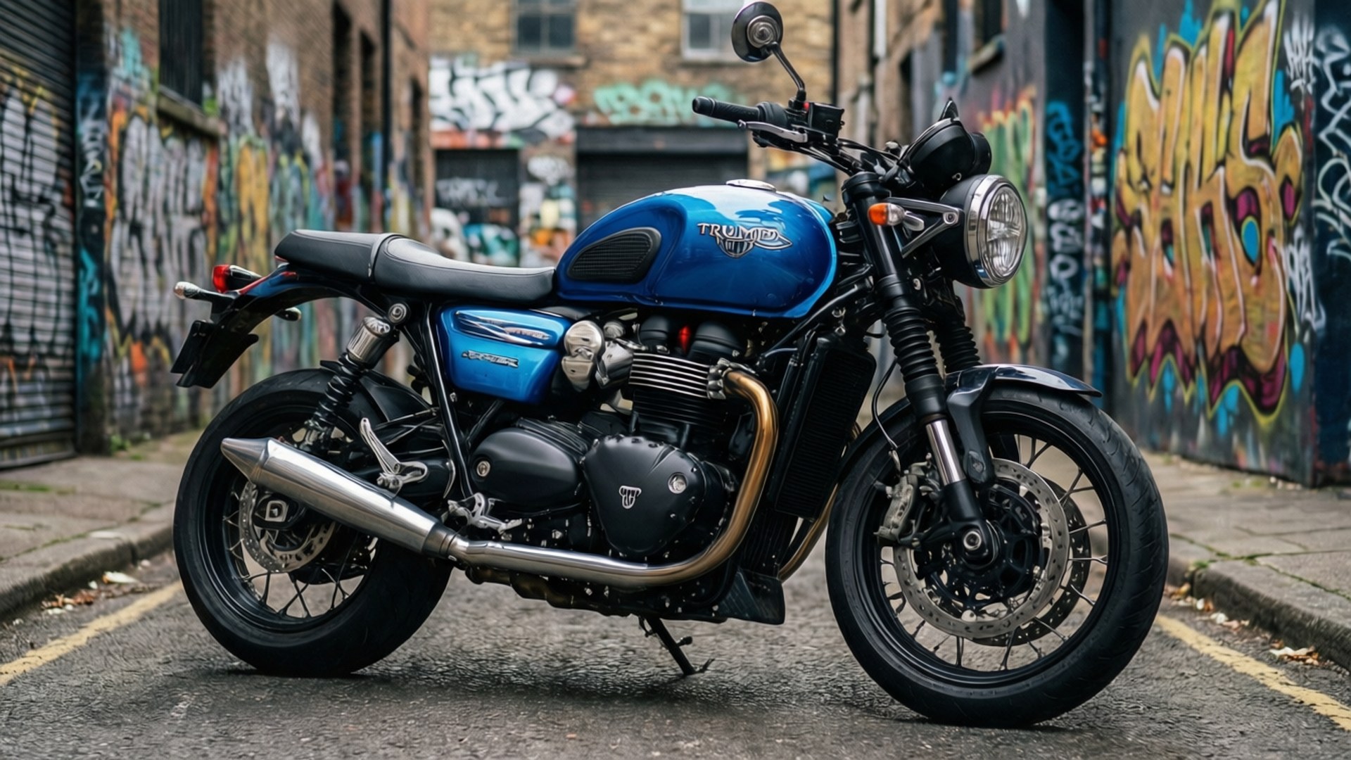 Alley Thruxton 壁紙 — 一架充滿活力的藍色 Triumph 摩托車停放在佈滿塗鴉的都市街道上，背景是風化的磚造建築。