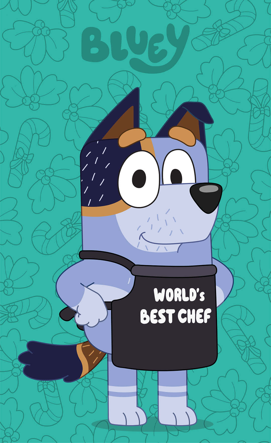  壁紙 — 藍色小狗Bluey在青綠色背景上自豪地穿著印有「World's Best Chef」的圍裙，背景有糖果杖和花朵輪廓。