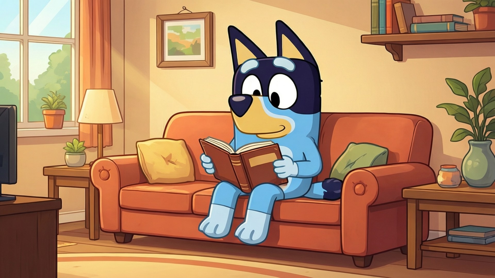 Bluey Reading 壁紙 — 藍色小狗Bluey在陽光充足的客廳裡，坐在一張舒適的橙色沙發上，旁邊有木製家具和盆栽植物，正在看書。