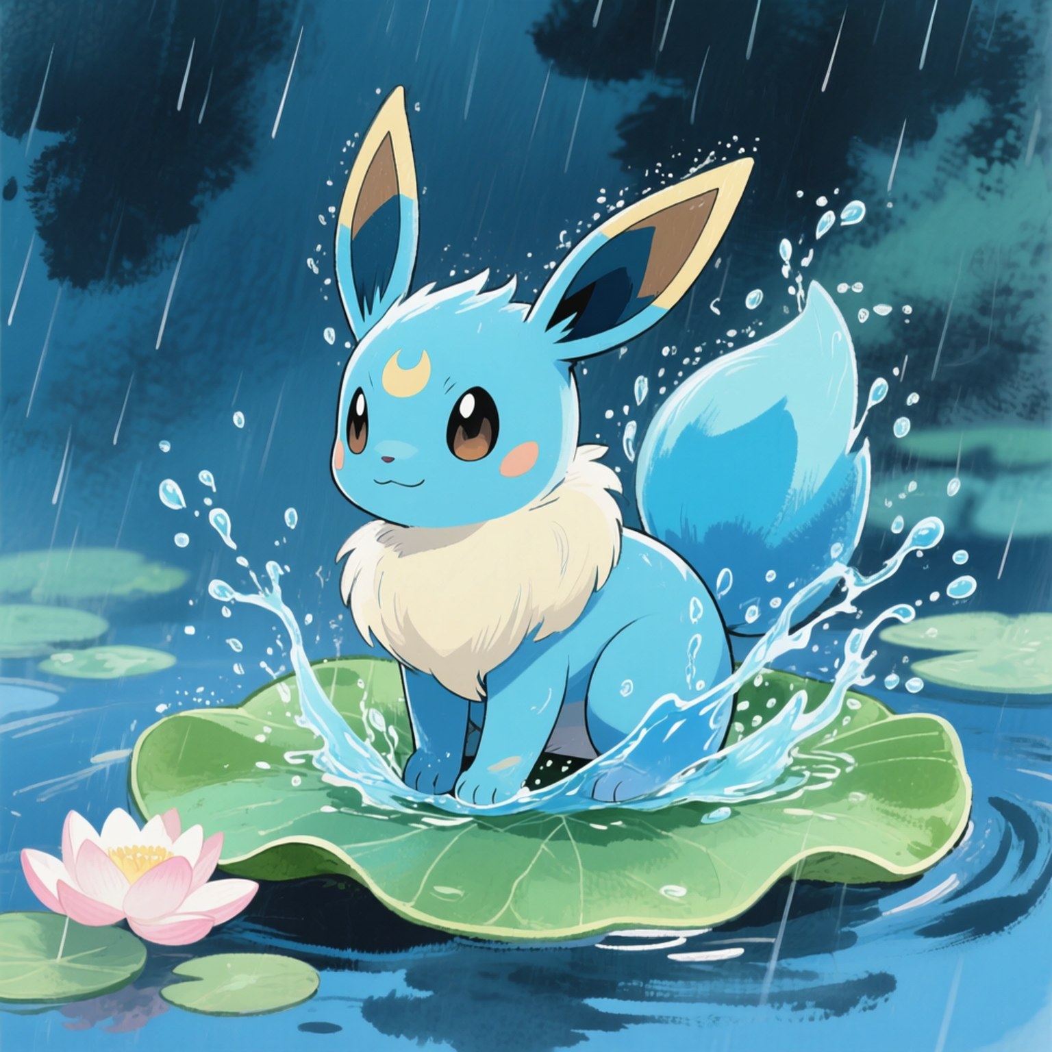 Water Eevee on Lotus 壁紙 — 一隻藍色伊布白色毛髮坐在荷葉上，在雨中濺水，附近有粉紅色蓮花。