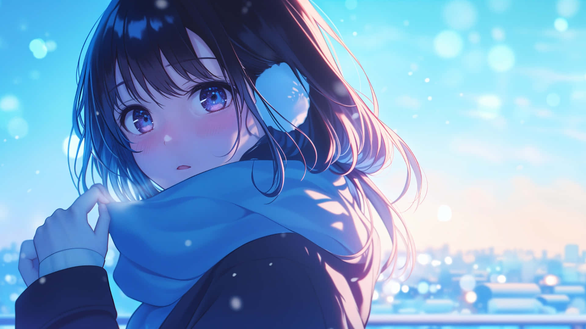  壁紙 — 藍眼圍巾的動漫女孩在雪景城市背景下溫柔凝視。