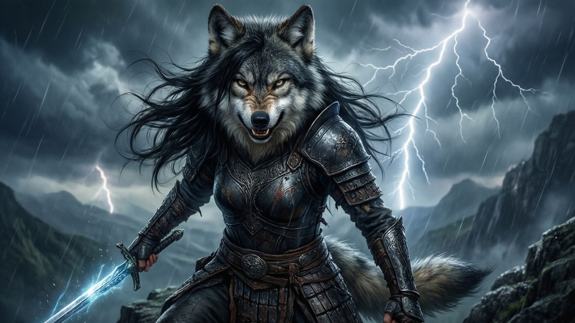 Storm Warrior Wolf Girl 壁紙 — 一個兇猛的狼頭戰士身穿暗色盔甲，在暴風雨的山脈和閃電中揮舞著發光的劍。