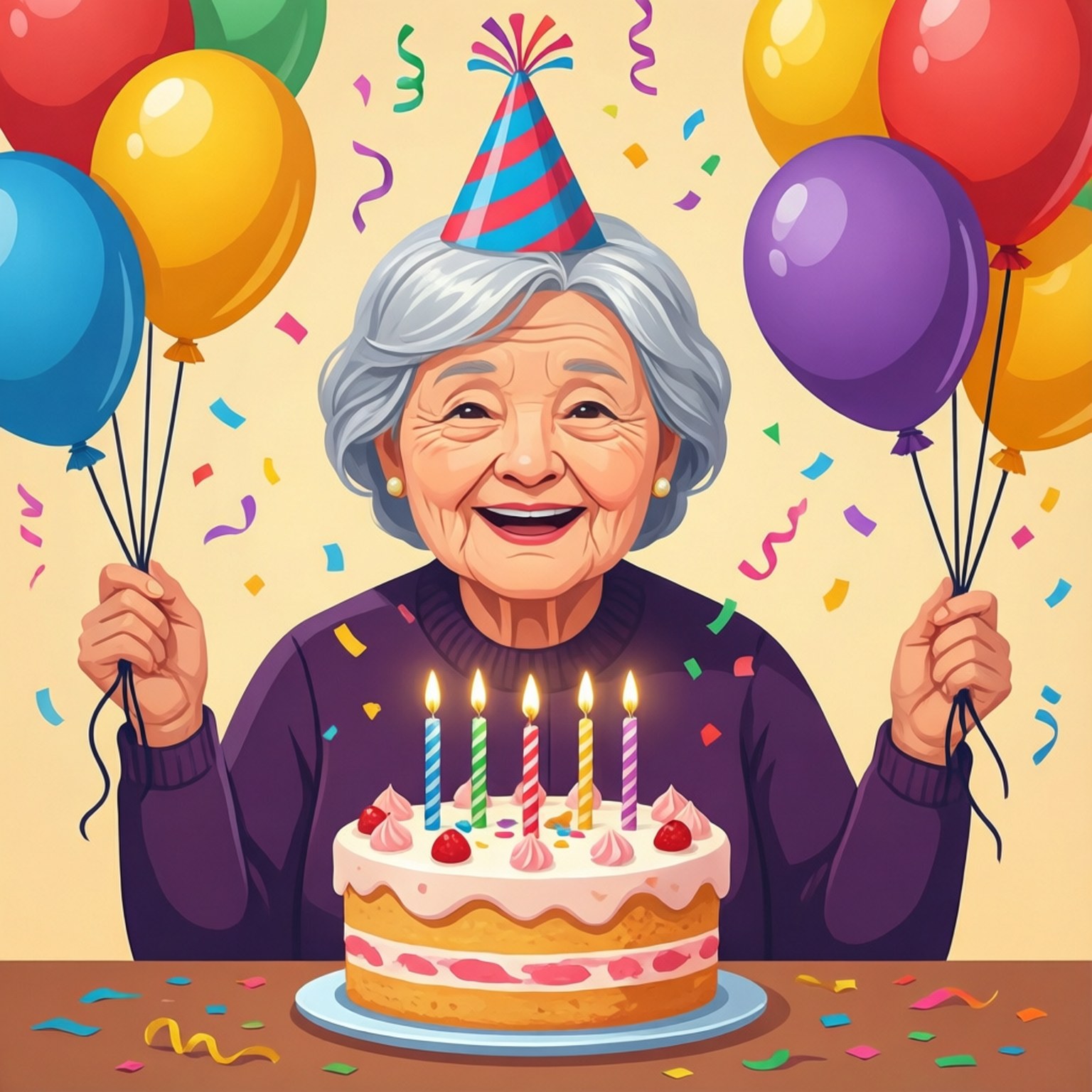 Grandma Free 桌布 壁紙 — 一位灰髮老婦人手持氣球，與點燃蠟燭和五彩紙屑裝飾的生日蛋糕一起慶祝，臉上洋溢著喜悅的笑容。