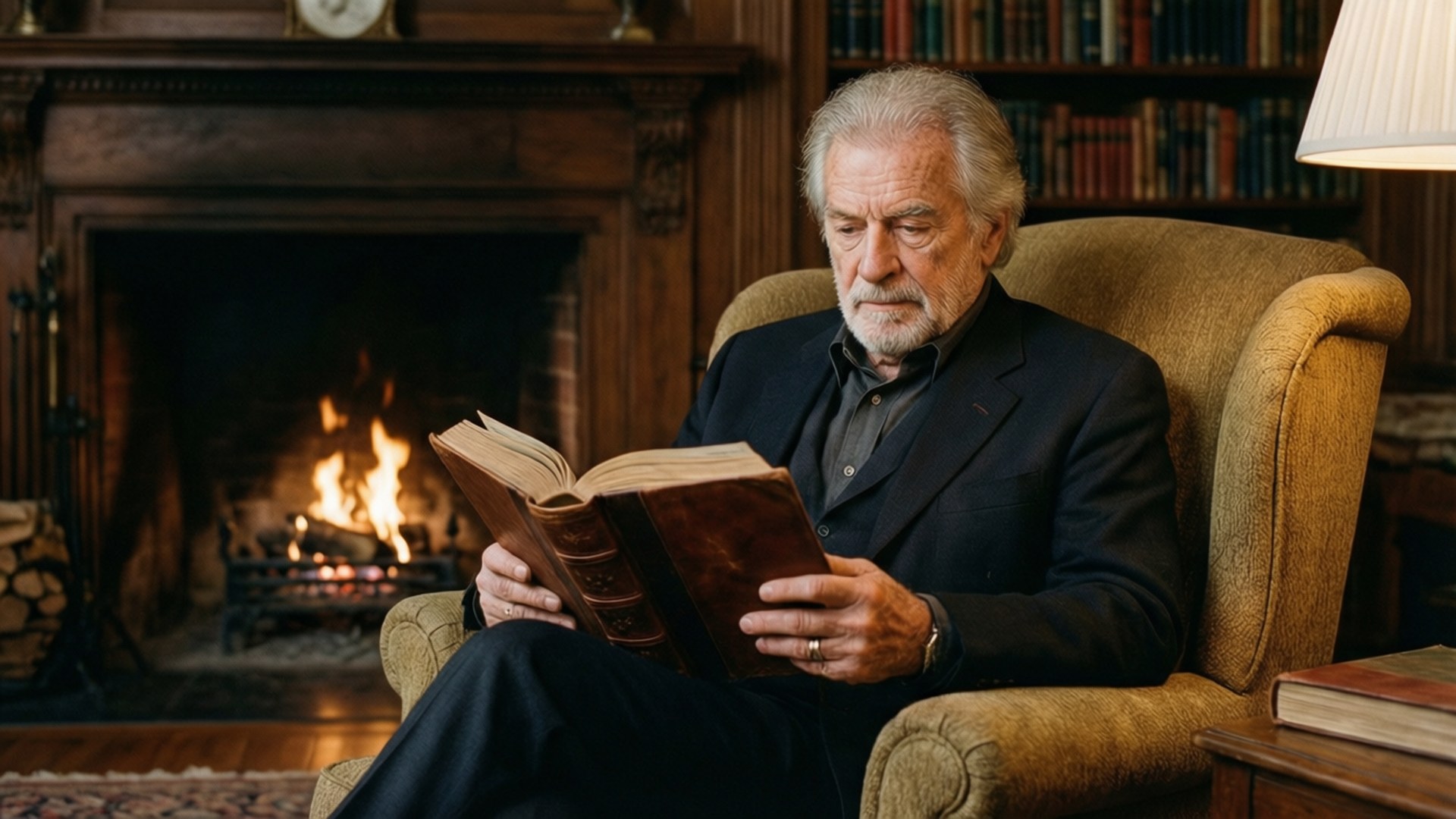 Donald Sutherland 桌布 壁紙 — 一位留著白鬍子的老人在木鑲板圖書館裡，坐在噼啪作響的壁爐旁的舒適扶手椅上，閱讀一本皮面書。