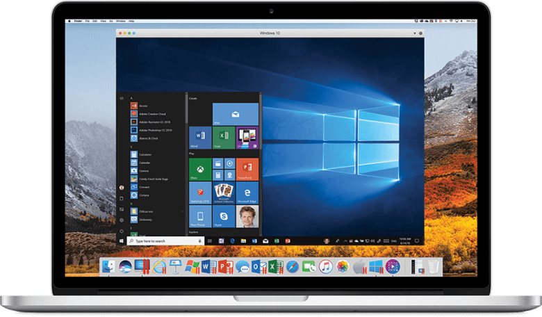 筆記型電腦螢幕顯示Windows 10開始功能表，背景為多山的秋季。 — Macbook Pro 壁紙
