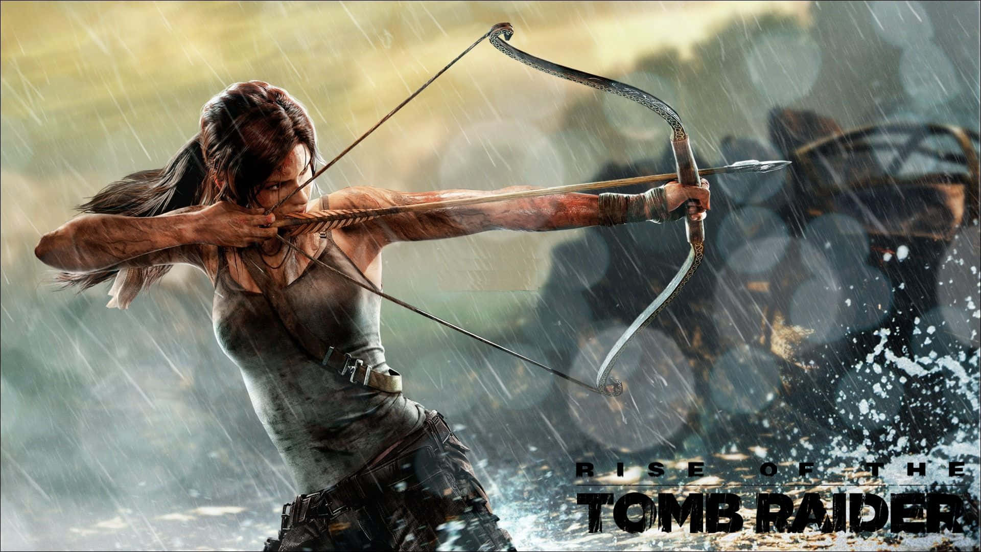 Lara Croft 桌布 壁紙 — Lara Croft 在暴雨中拉弓，身後有怪物般的生物在電影般的動作場景中若隱若現。