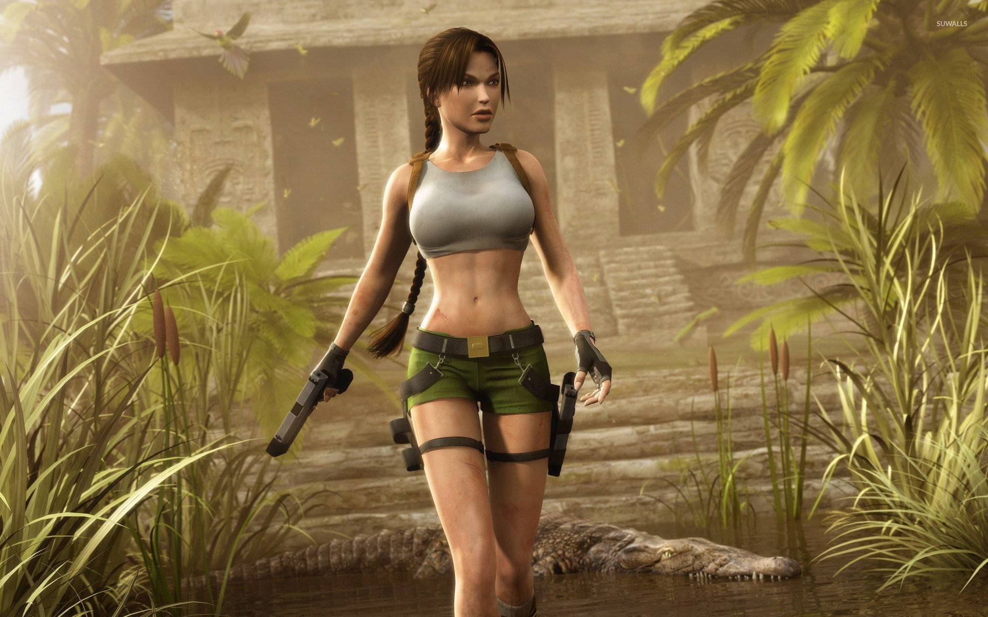 Lara Croft 桌布 壁紙 — Lara Croft 穿過迷霧叢林，身後有古老遺跡，水中潛伏著鱷魚。