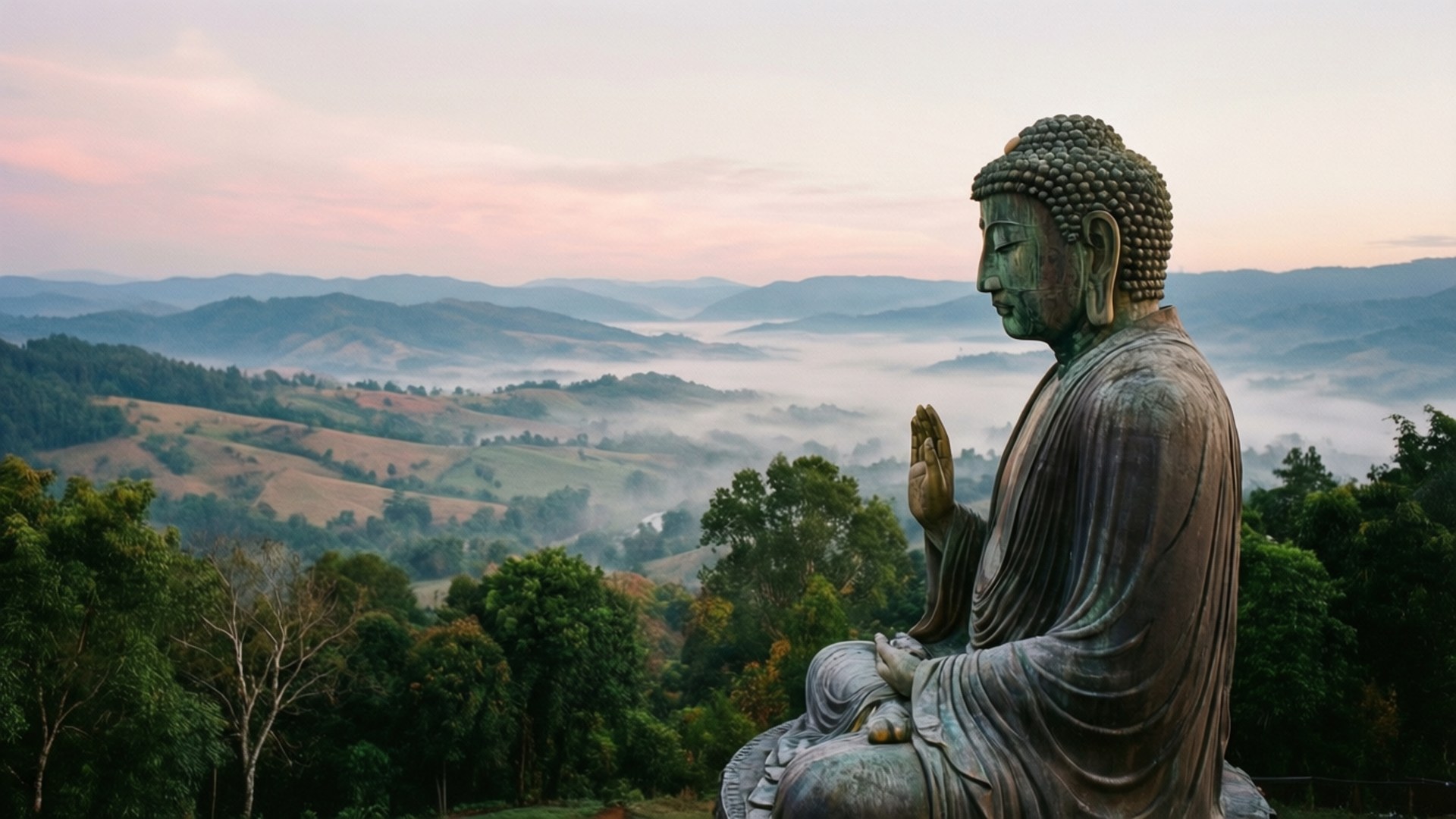 Buddha Overlooking Valley 壁紙 — 一尊大型青銅佛像在黎明時分寧靜地俯瞰著霧氣瀰漫的連綿山丘，天空呈現柔和的粉紅色和藍色。