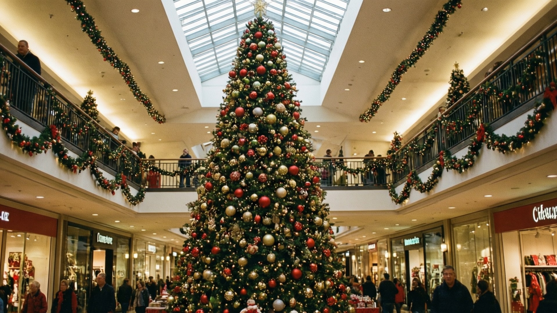 Christmas Mall Magic 壁紙 — 一棵高聳的聖誕樹，飾有紅色、金色和銀色的裝飾品，矗立在一個繁忙的多層購物中心中央，該購物中心裝飾著花環和閃爍的燈光。