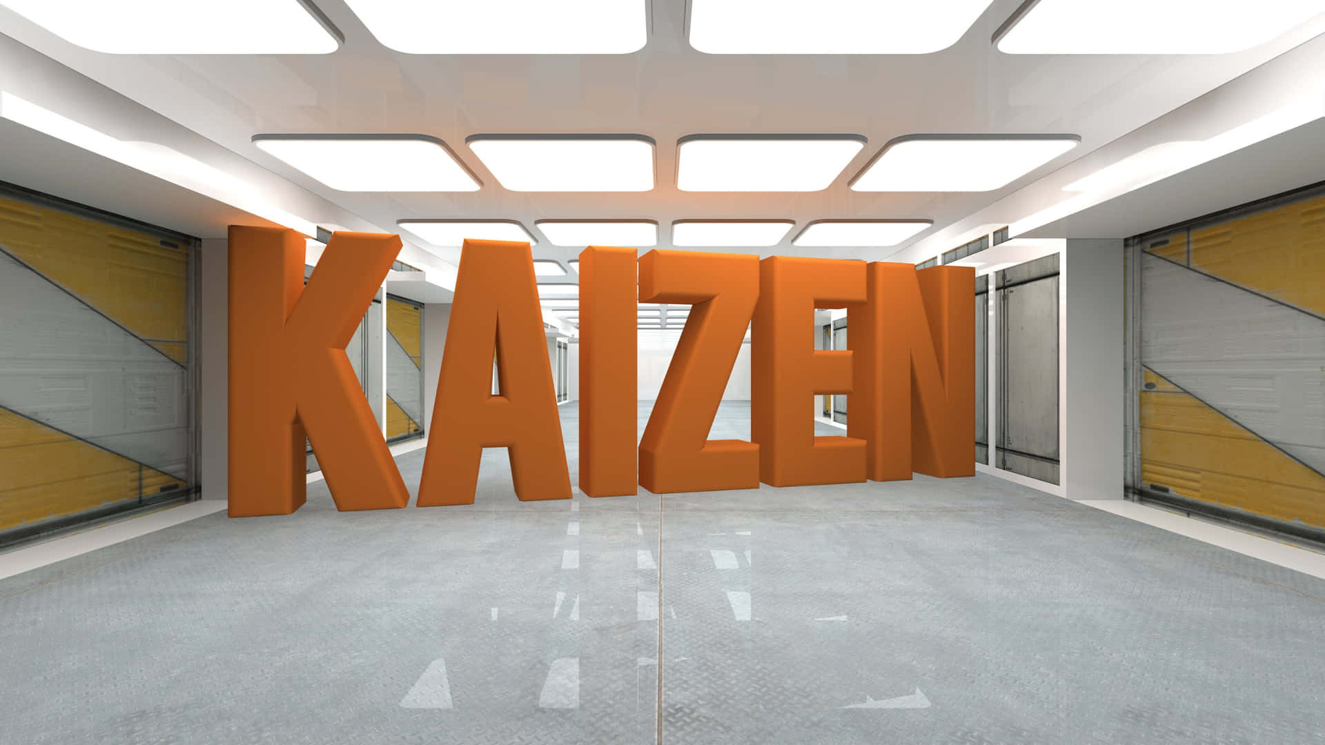  壁紙 — 大型橙色3D字母拼出KAIZEN，主導著一個時尚現代的大廳，配有反光地板和幾何牆板。