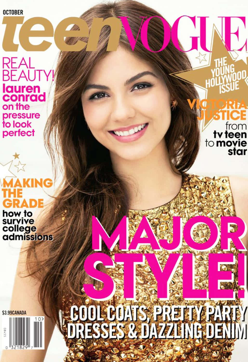Magazine 桌布 壁紙 — Lauren Conrad 在十月號 Teen Vogue 封面上燦爛微笑，身穿金色鉚釘上衣，搭配大膽的粉紅色字體。