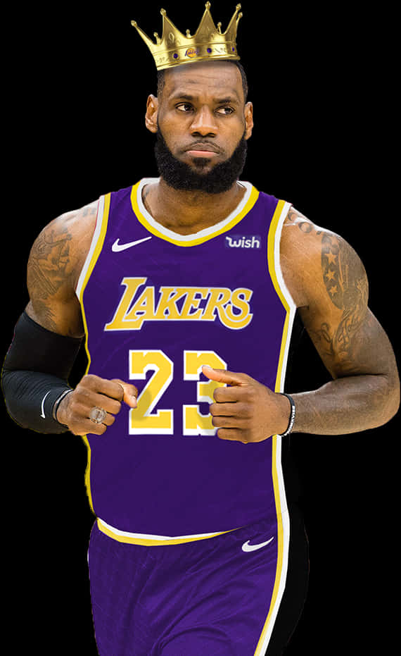 勒布朗詹姆斯身穿湖人球衣和金色皇冠，手指指向23號。 — NBA 壁紙