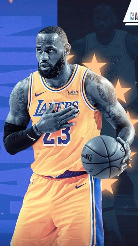 勒布朗詹姆斯身穿湖人球衣，背後有星星，手持籃球。 — King Lebron James 壁紙