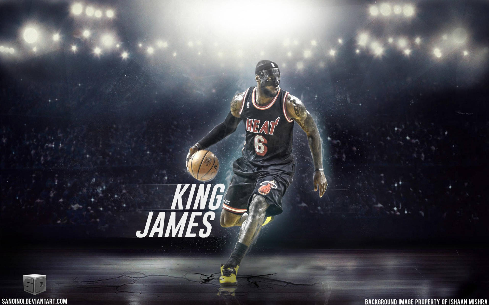 勒布朗詹姆斯身穿邁阿密熱火球衣，在場館燈光下運球。 — King Lebron James 壁紙
