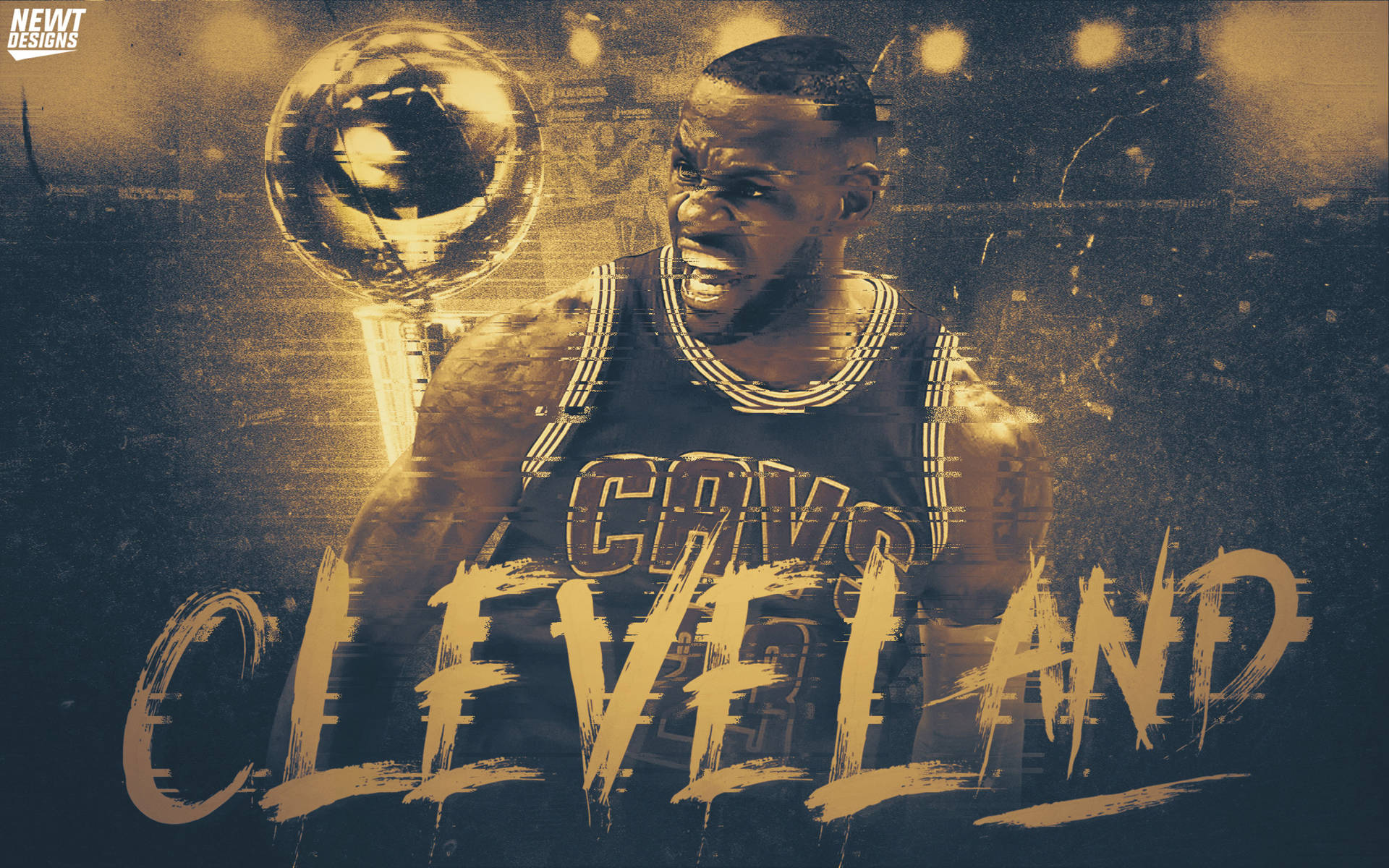 勒布朗·詹姆斯身穿騎士隊球衣，手持帶有「CLEVELAND」文字的獎盃。 — NBA 壁紙