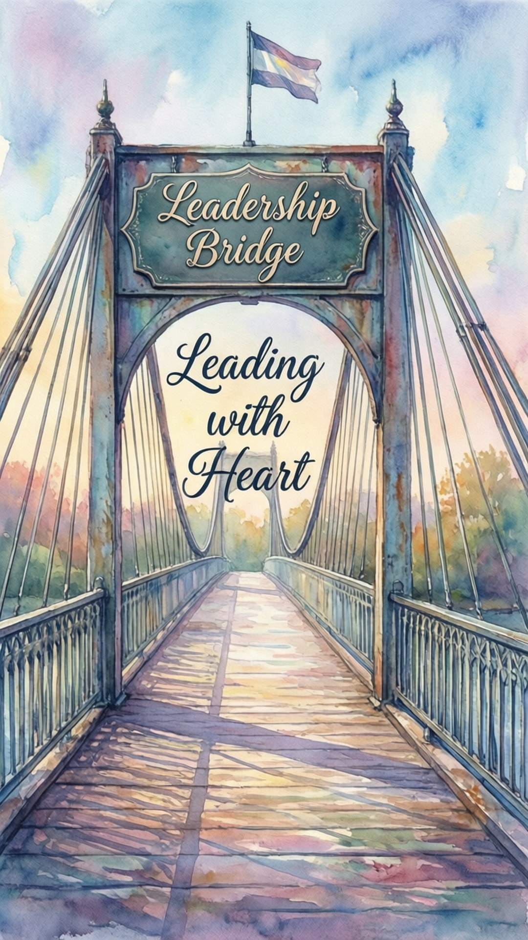 Boss's Day 桌布 壁紙 — 一座名為領導力之橋的水彩畫橋，帶有Leading with Heart字樣，拱形跨越一條小徑，通往溫暖的日落。