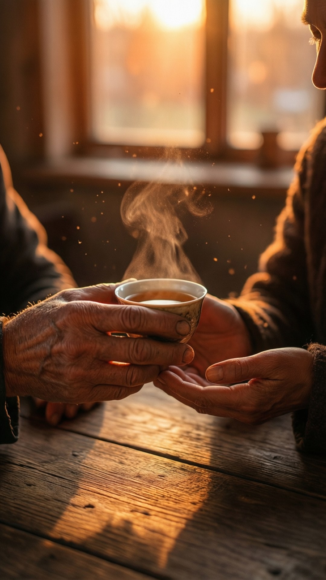 Altruism 桌布 壁紙 — 兩雙歷經風霜的手在窗邊陽光照射的木桌上，輕輕遞過一杯冒著熱氣的茶。