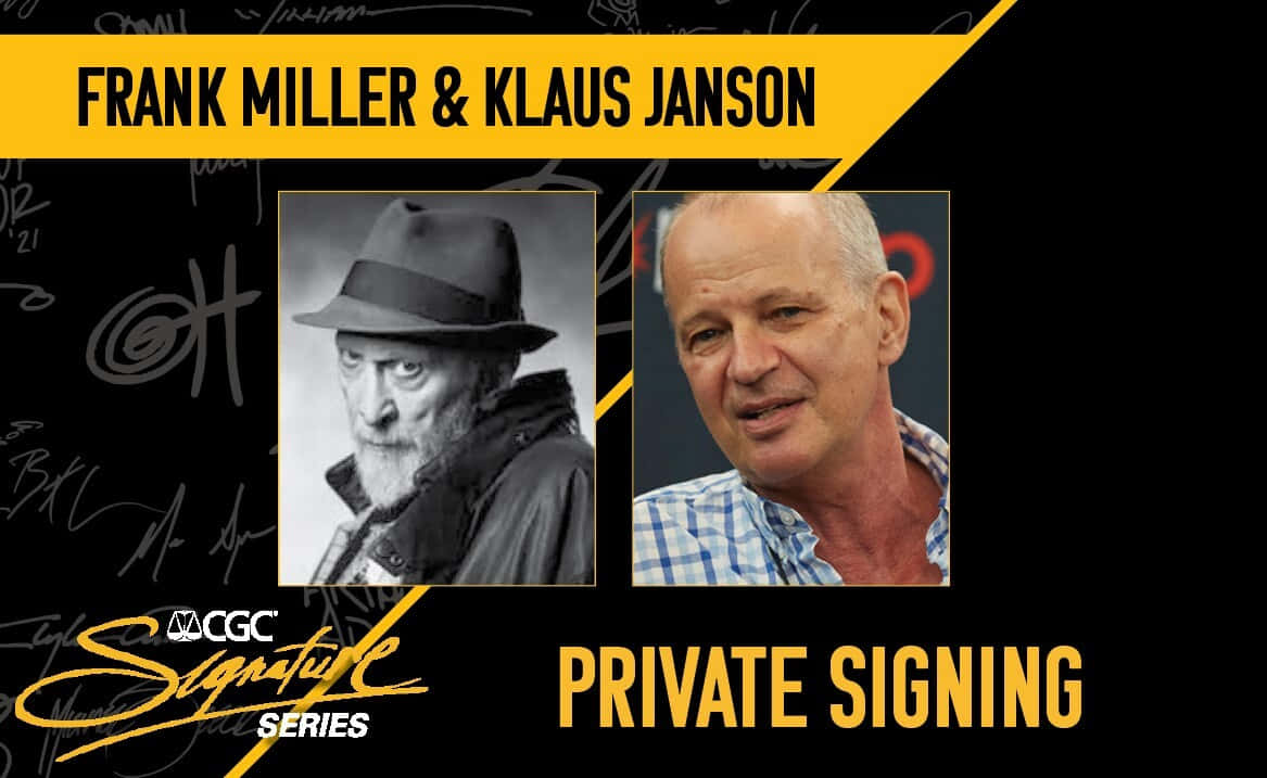 Frank Miller 桌布 壁紙 — 兩位漫畫創作者法蘭克·米勒和克勞斯·詹森在私人簽名活動中並排合影，黑色背景上有粗體黃色文字。