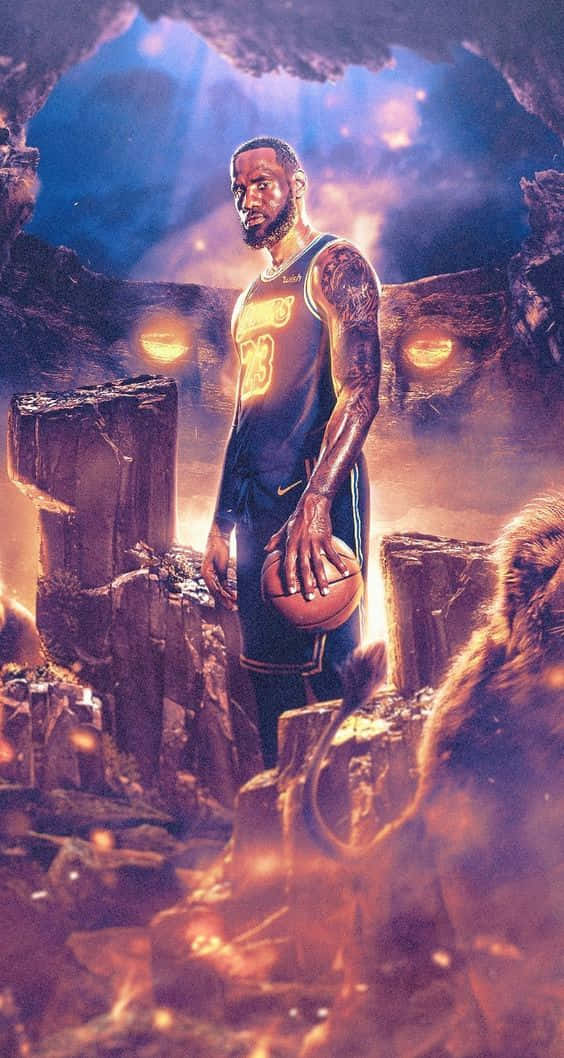 勒布朗詹姆斯在熾熱的洞穴中手持籃球，周圍有發光的球體。 — King Lebron James 壁紙