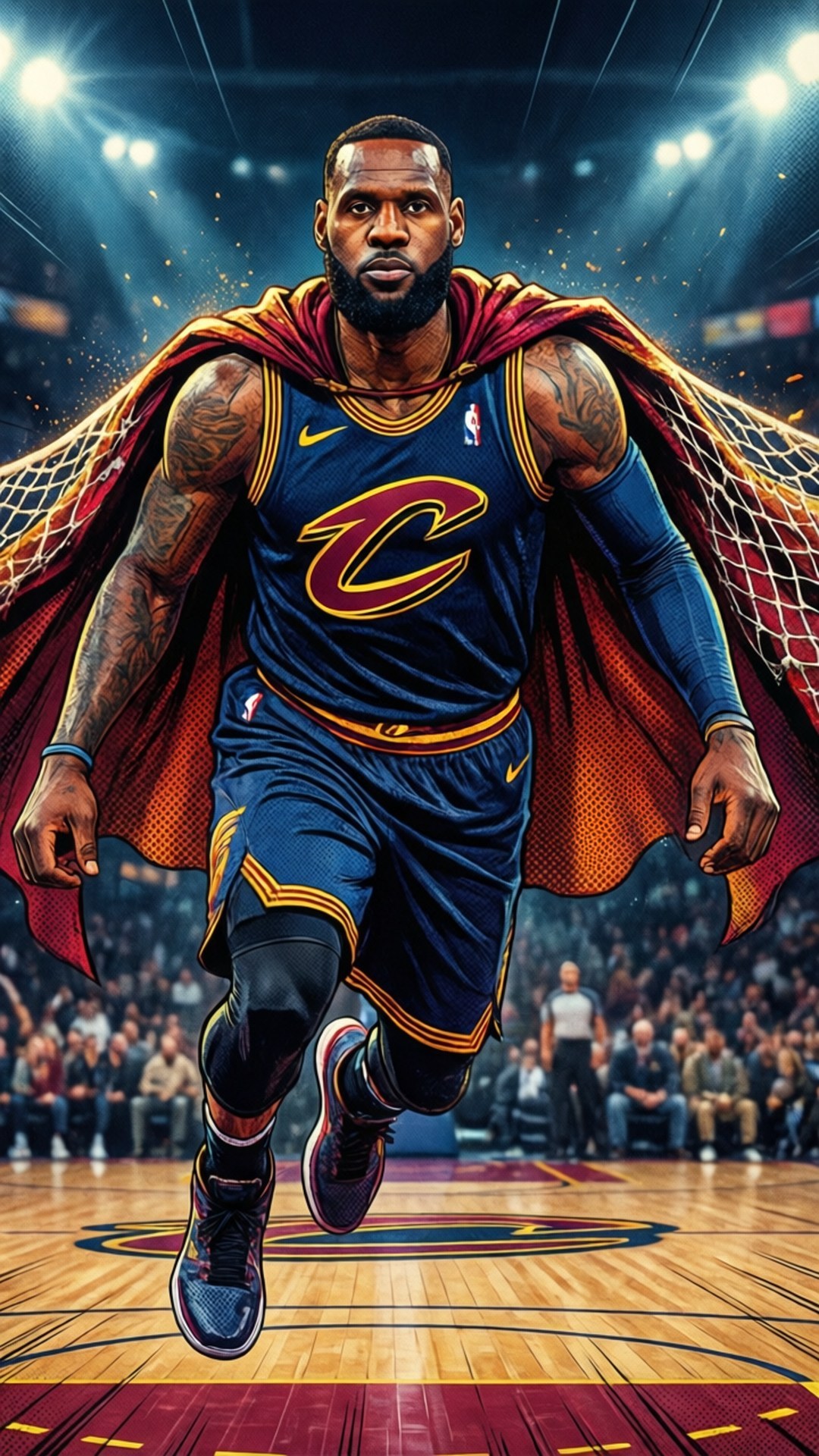 Superhero King 壁紙 — 勒布朗詹姆斯身穿克里夫蘭騎士隊球衣，在明亮的場館燈光下，披著紅色斗篷和拖著網，動態地跑過籃球場。