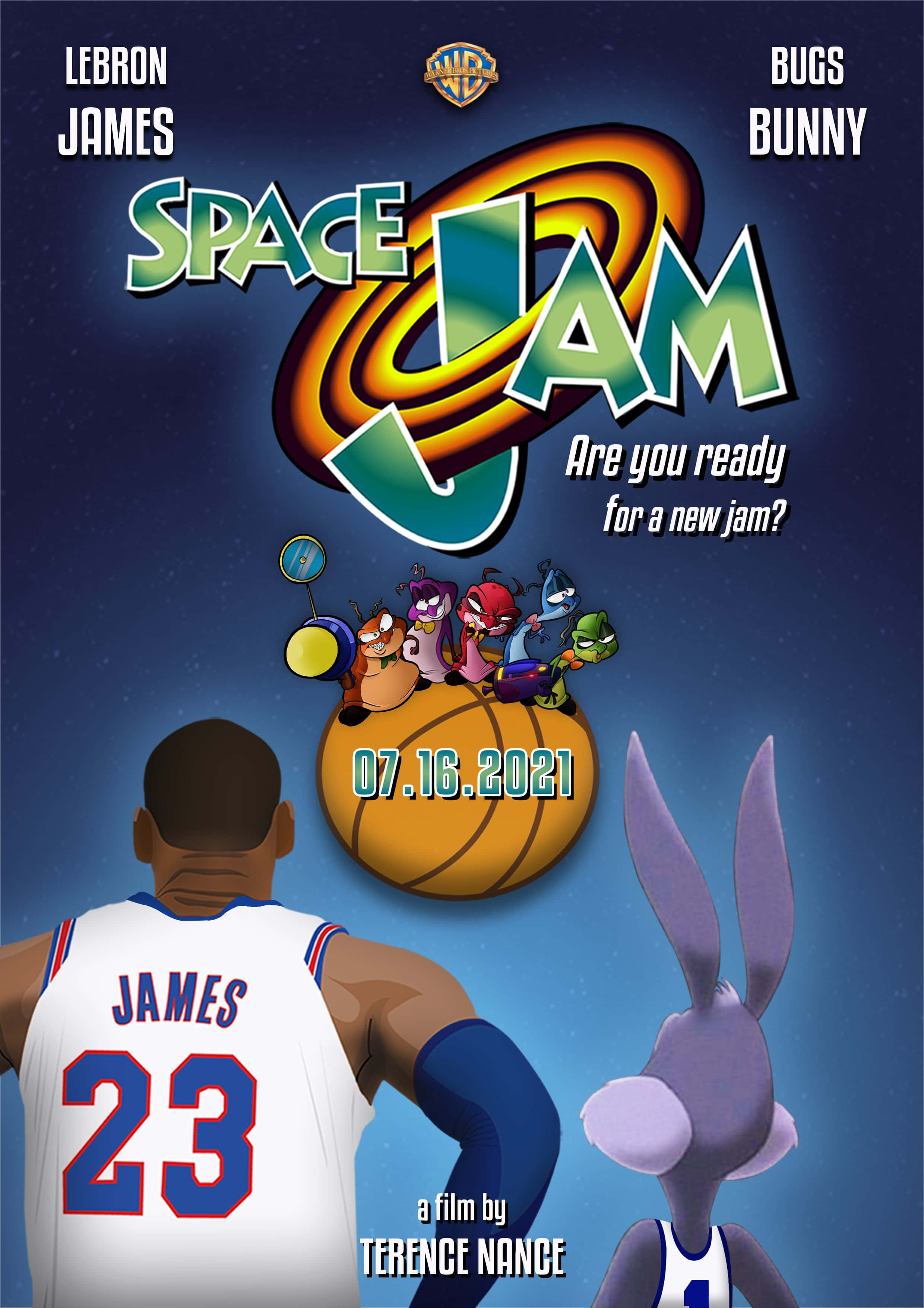 Space Jam A New Legacy 桌布 壁紙 — 勒布朗詹姆斯與賓尼兔在星空下於巨型球上與樂一通角色進行宇宙籃球對決。