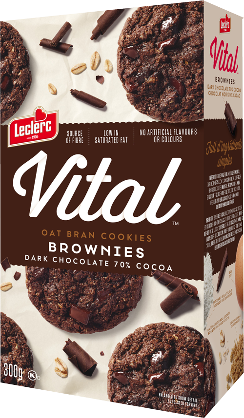 布朗尼 桌布 壁紙 — Leclerc Vital 燕麥麩餅乾盒的特寫，包含黑巧克力70%可可餅乾，可見燕麥和巧克力塊。