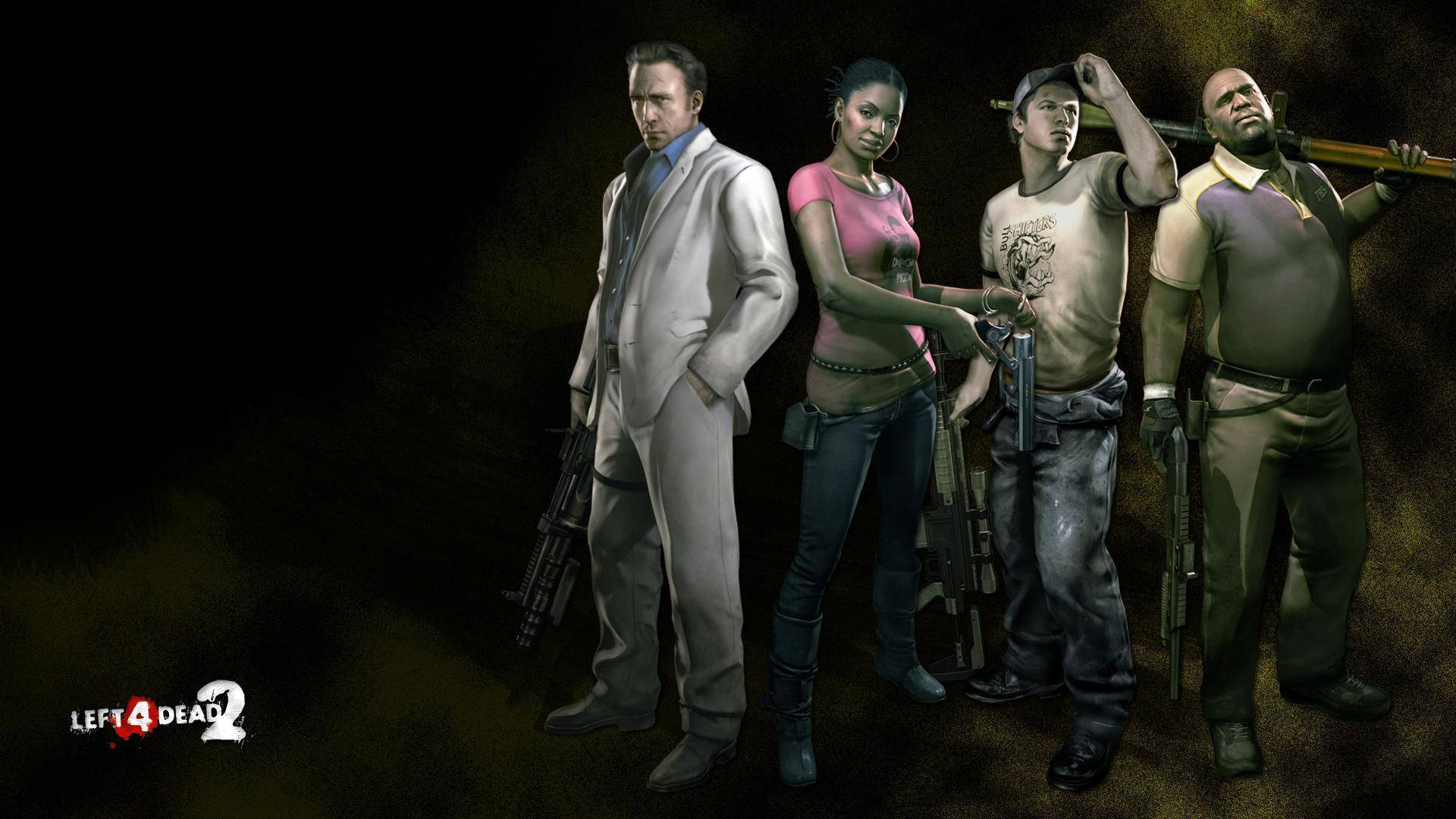 電玩遊戲 桌布 壁紙 — Left 4 Dead 2 的四名武裝倖存者緊張地站在黑暗煙霧繚繞的背景前，準備進行殭屍戰鬥。