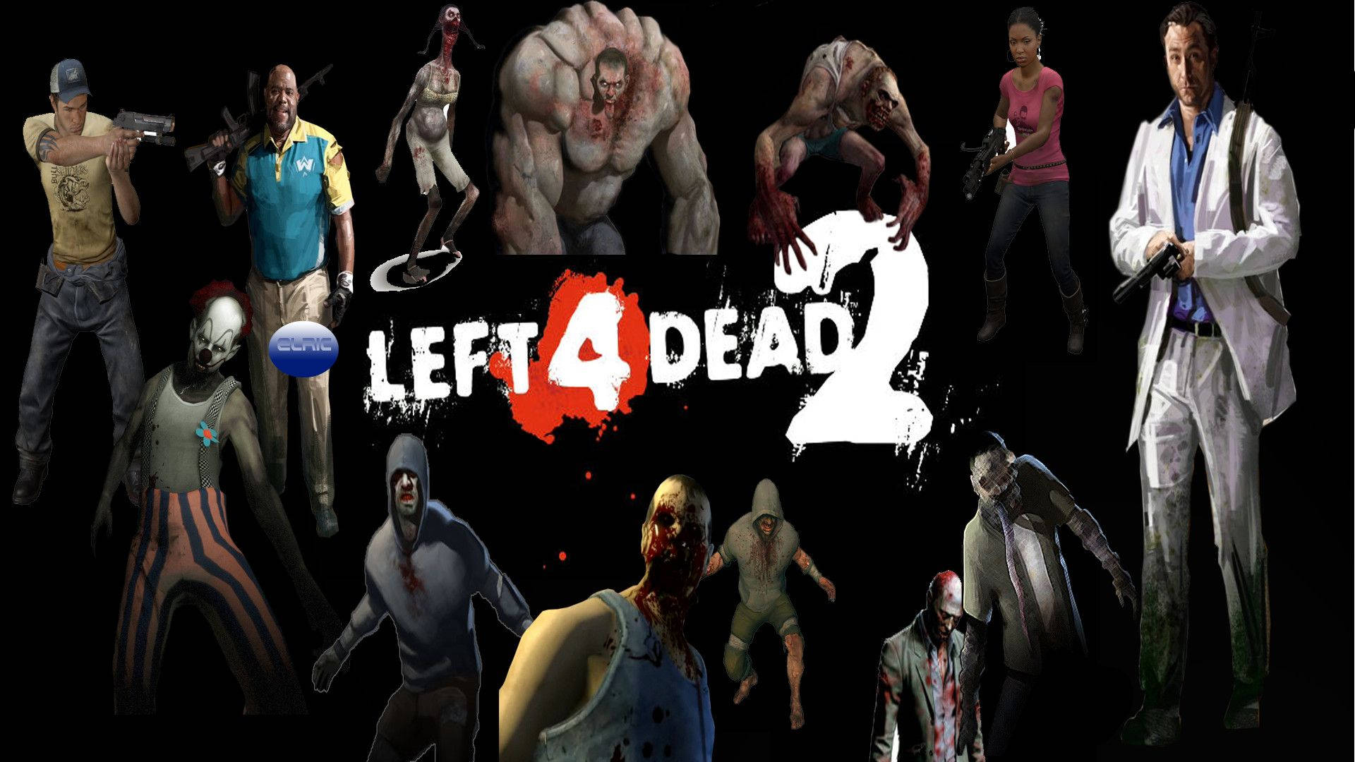 dead 桌布 壁紙 — Left 4 Dead 2 的角色和殭屍站在黑色背景的遊戲標誌周圍。