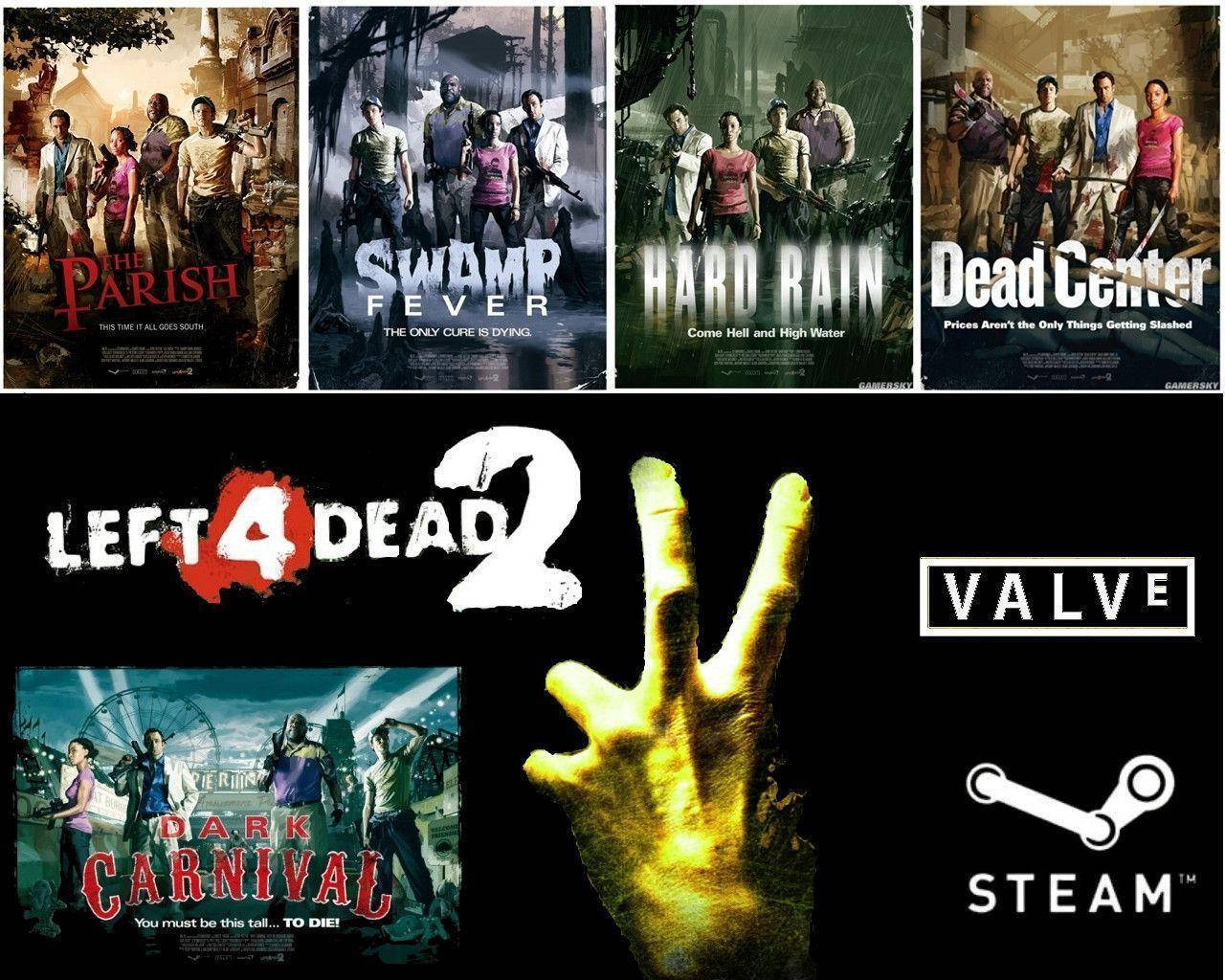電玩遊戲 桌布 壁紙 — Left 4 Dead 2 遊戲海報拼貼，展示殭屍倖存者在末日場景中，帶有發光的手和 Steam Valve 標誌。
