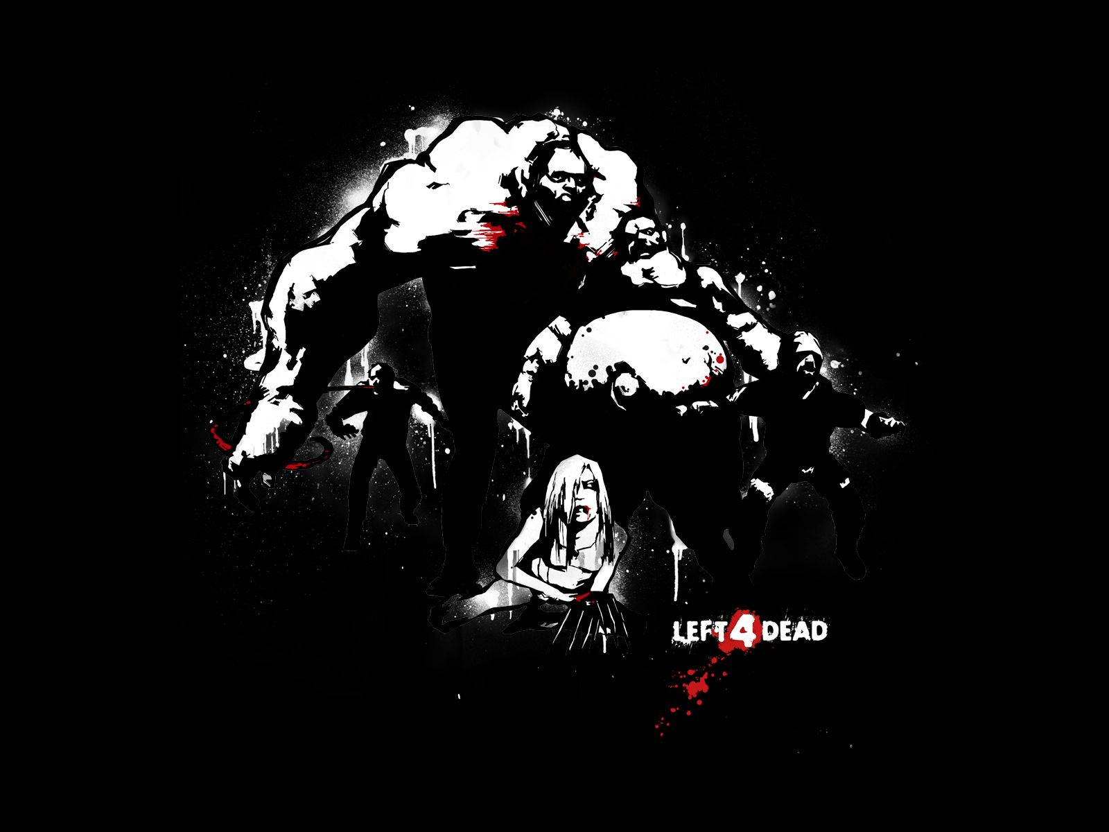 dead 桌布 壁紙 — Left 4 Dead 中怪物般的殭屍和倖存者的高對比度黑白插圖，帶有紅色血跡，背景為深色。