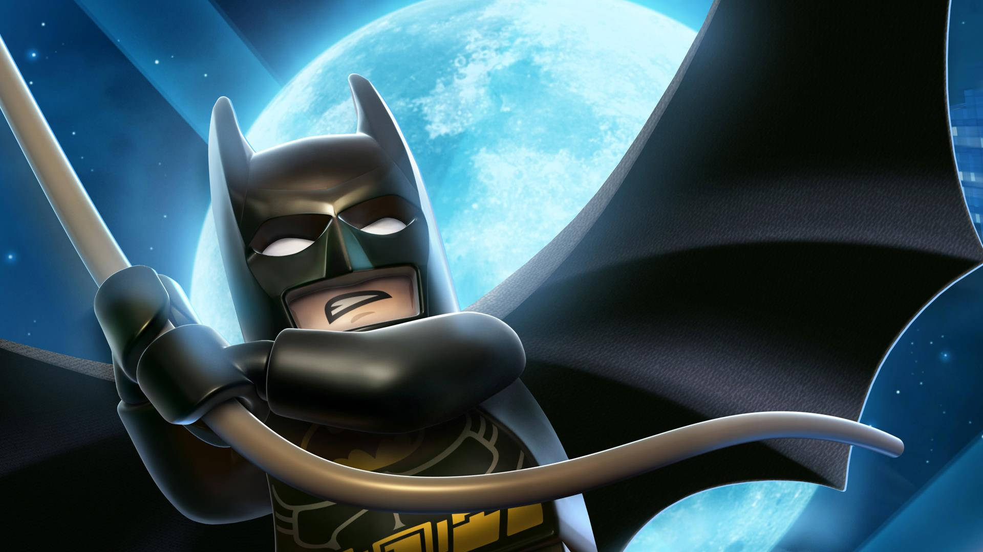 LEGO Batman 披著斗篷，手持警棍，背景是帶有巨大藍月的星空夜空。 — 3D 壁紙
