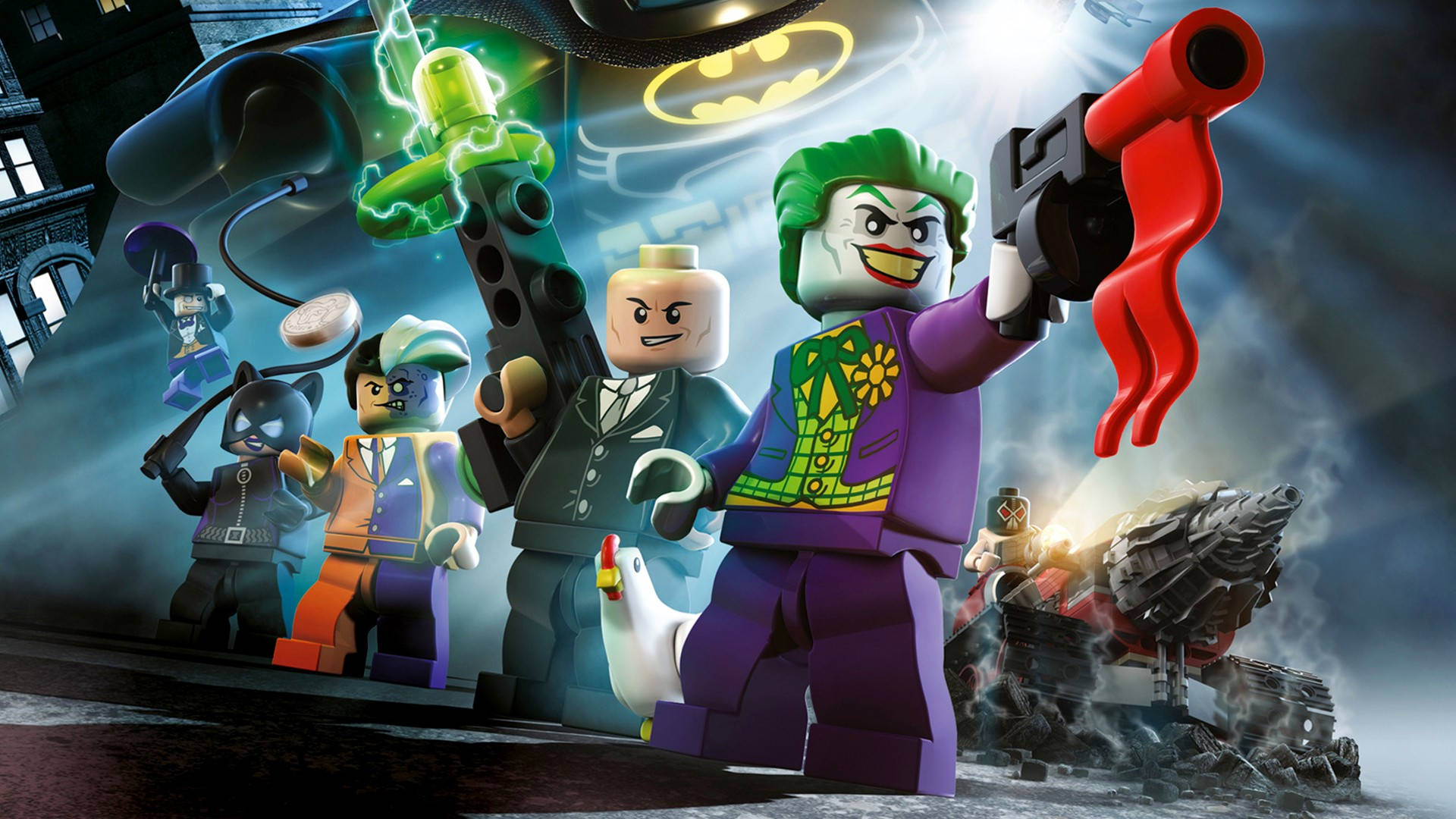 Batman Movie 桌布 壁紙 — LEGO Batman 反派，包括綠髮紫西裝的小丑，站在混亂的高譚場景中，手持發光武器和蝙蝠信號。