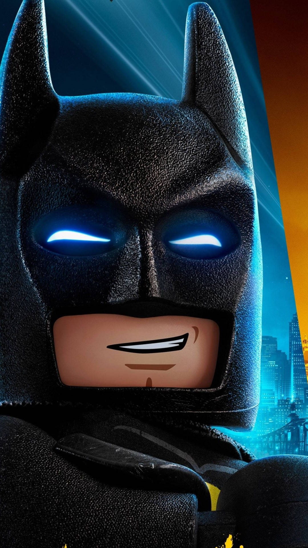 iPhone x cartoon 桌布 壁紙 — LEGO Batman 特寫，藍色眼睛發光，背景是充滿活力的城市天際線。