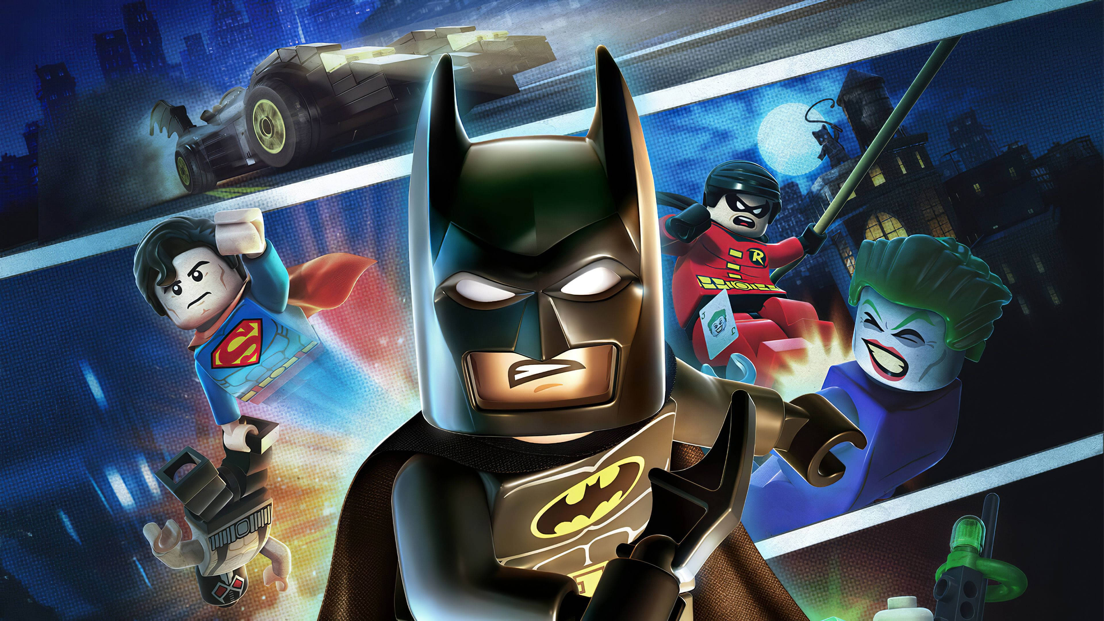 Lego 桌布 壁紙 — LEGO Batman 與 Superman Robin 和 Joker 在一個動態漫畫風格的動作場景中佔據中心位置。