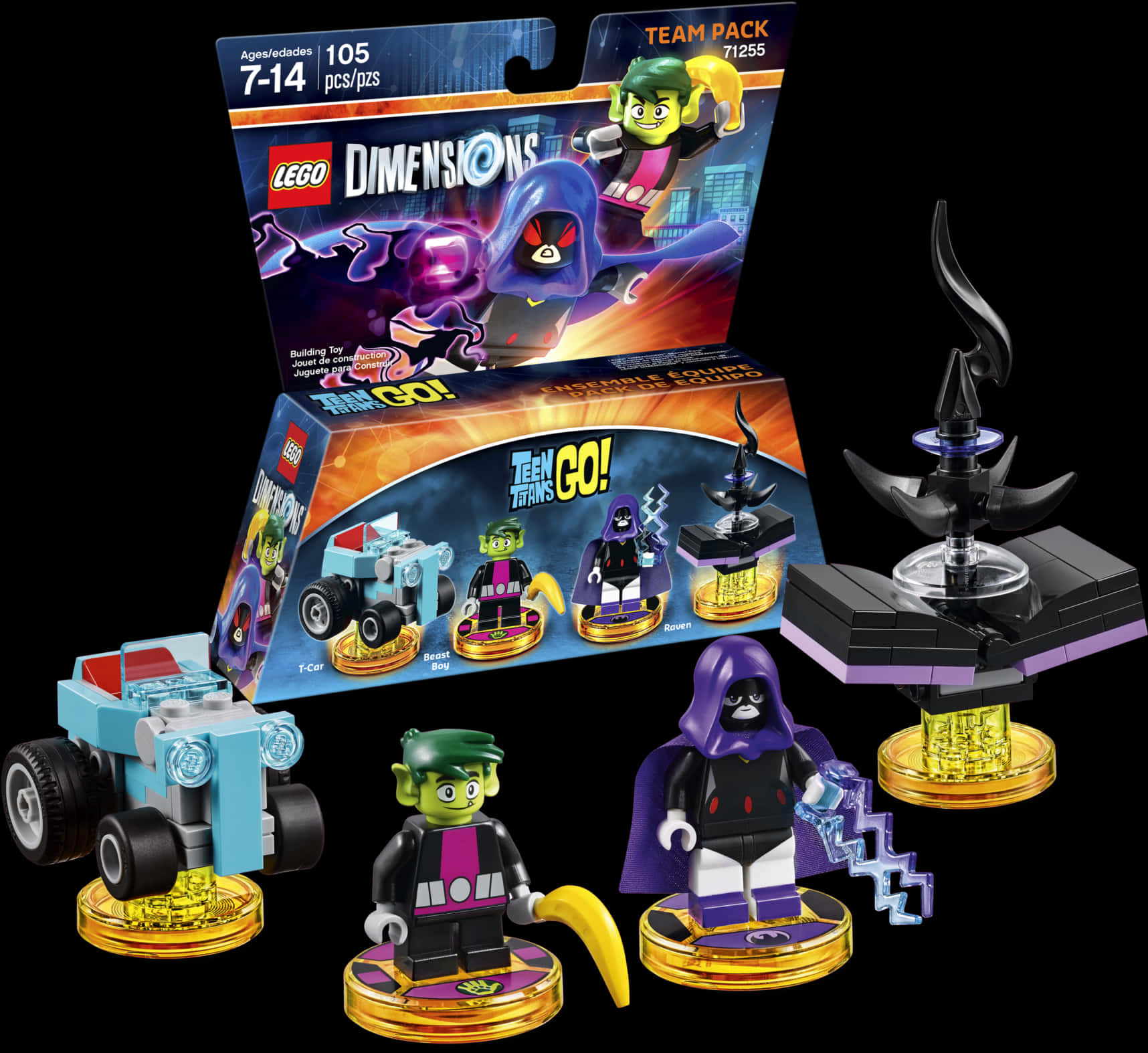Cartoon 桌布 壁紙 — LEGO Dimensions 少年悍將GO！團隊包，包含角色野獸男孩、瑞雯和T型車，背景為黑色。