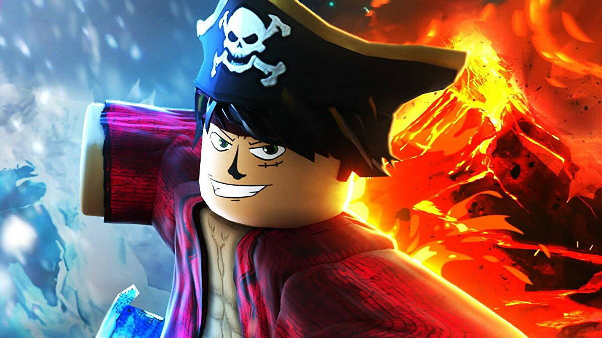 穿著紅色外套的LEGO海盜角色，面對熾熱爆炸和冰冷地形。 — Roblox 壁紙