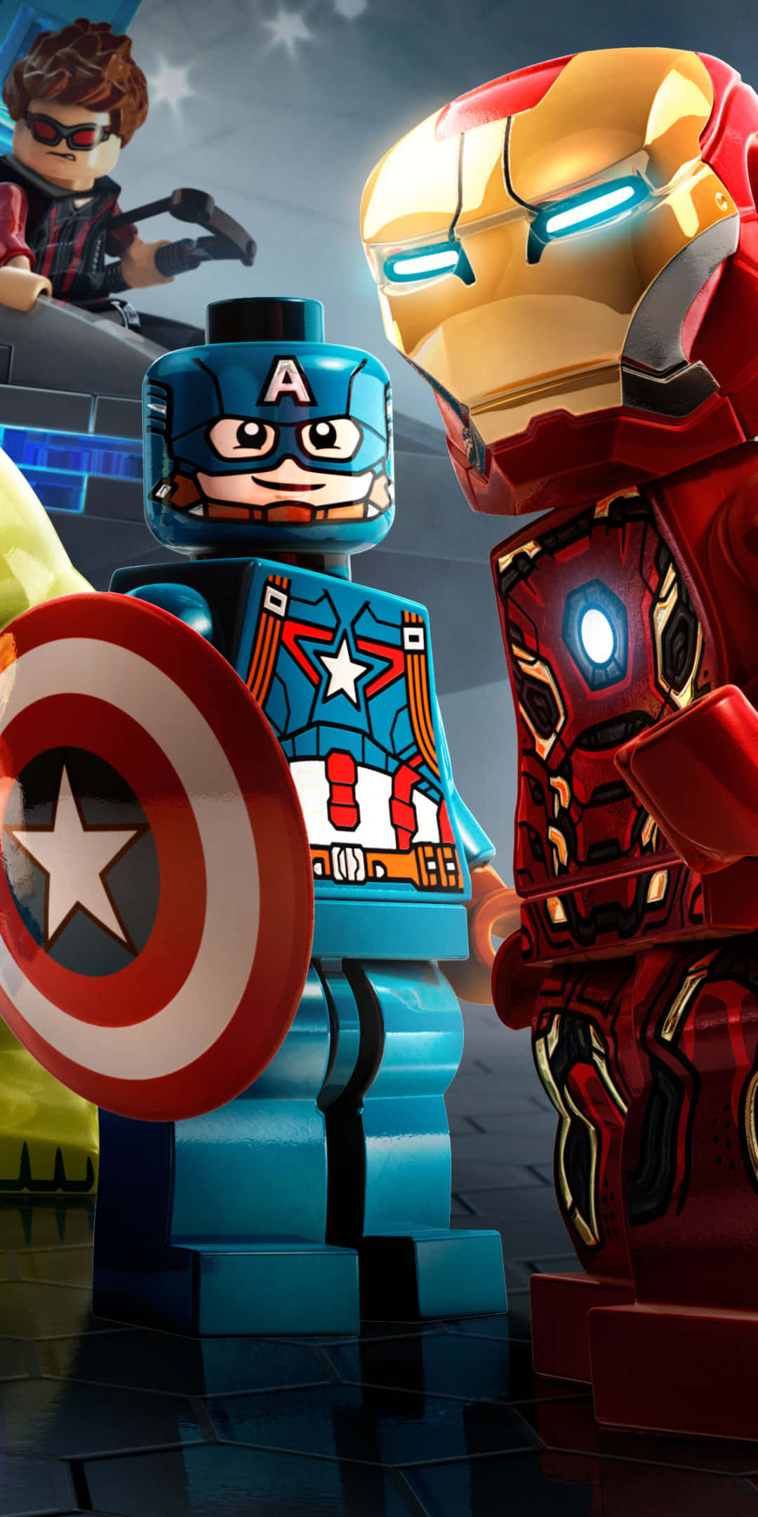 背景 桌布 壁紙 — LEGO Marvel 英雄美國隊長和鋼鐵人在一個高科技競技場中，手持盾牌和發光的弧形反應器，準備就緒。