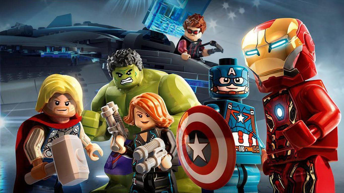 桌布 壁紙 — LEGO Marvel 超級英雄包括 Thor、Hulk、Black Widow、Captain America 和 Iron Man 在未來城市景觀中準備戰鬥。