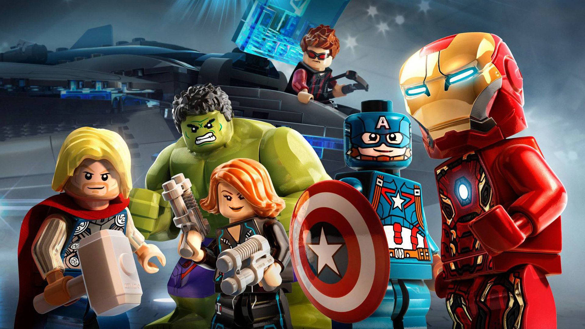 樂高 桌布 壁紙 — LEGO Marvel 超級英雄如 Thor、Hulk、Black Widow、Captain America 和 Iron Man 英勇地站在未來戰鬥場景中。