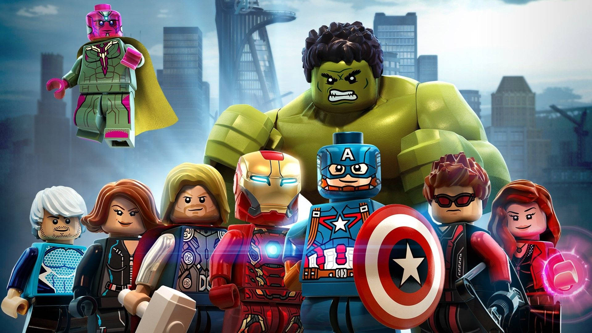 復仇者聯盟 桌布 壁紙 — LEGO Marvel 超級英雄們在城市景觀中英勇地站立，浩克在他們身後高聳入雲。