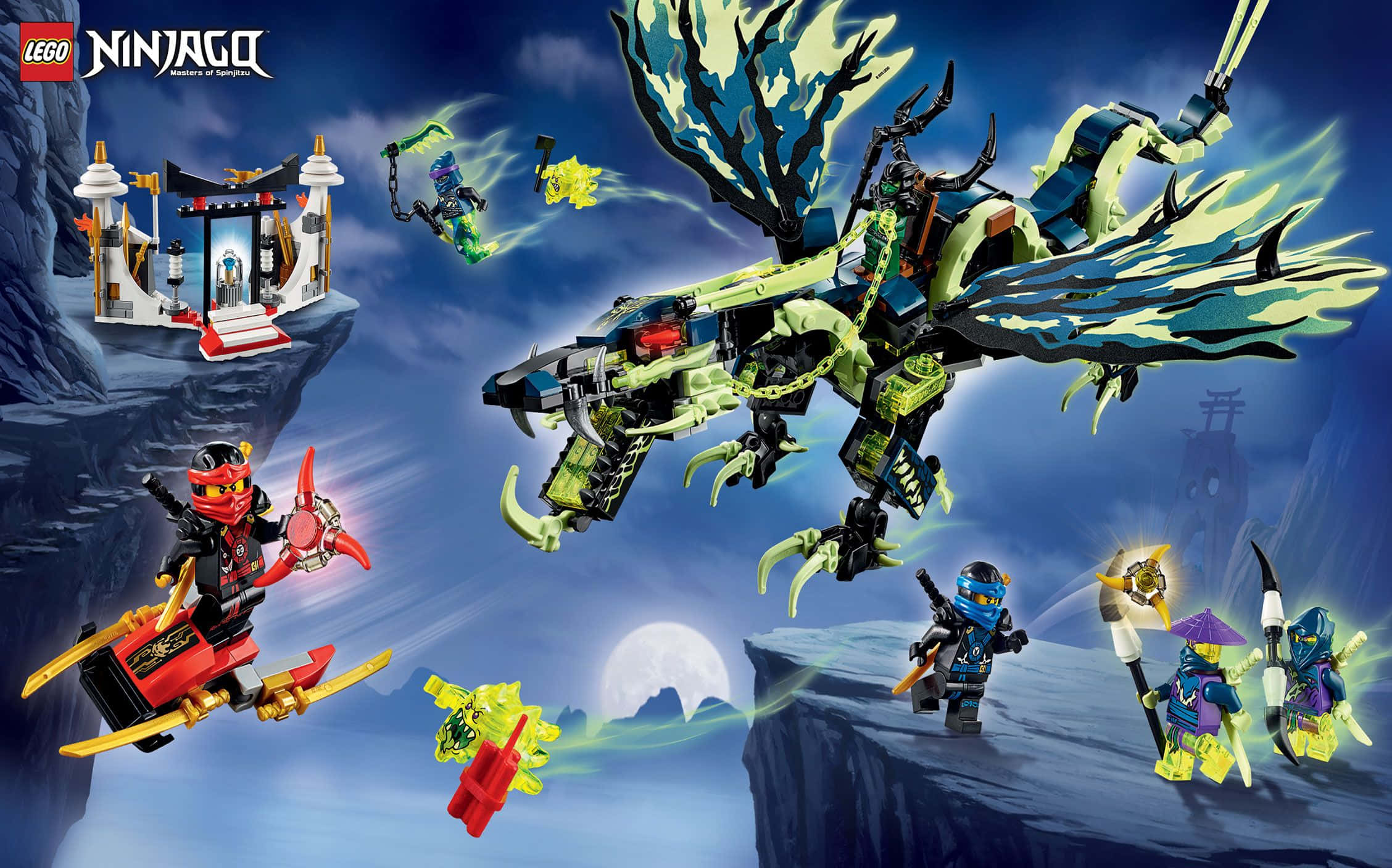 Ninjago 桌布 壁紙 — LEGO Ninjago 忍者在月光照耀的懸崖背景下與巨型綠色龍戰鬥。