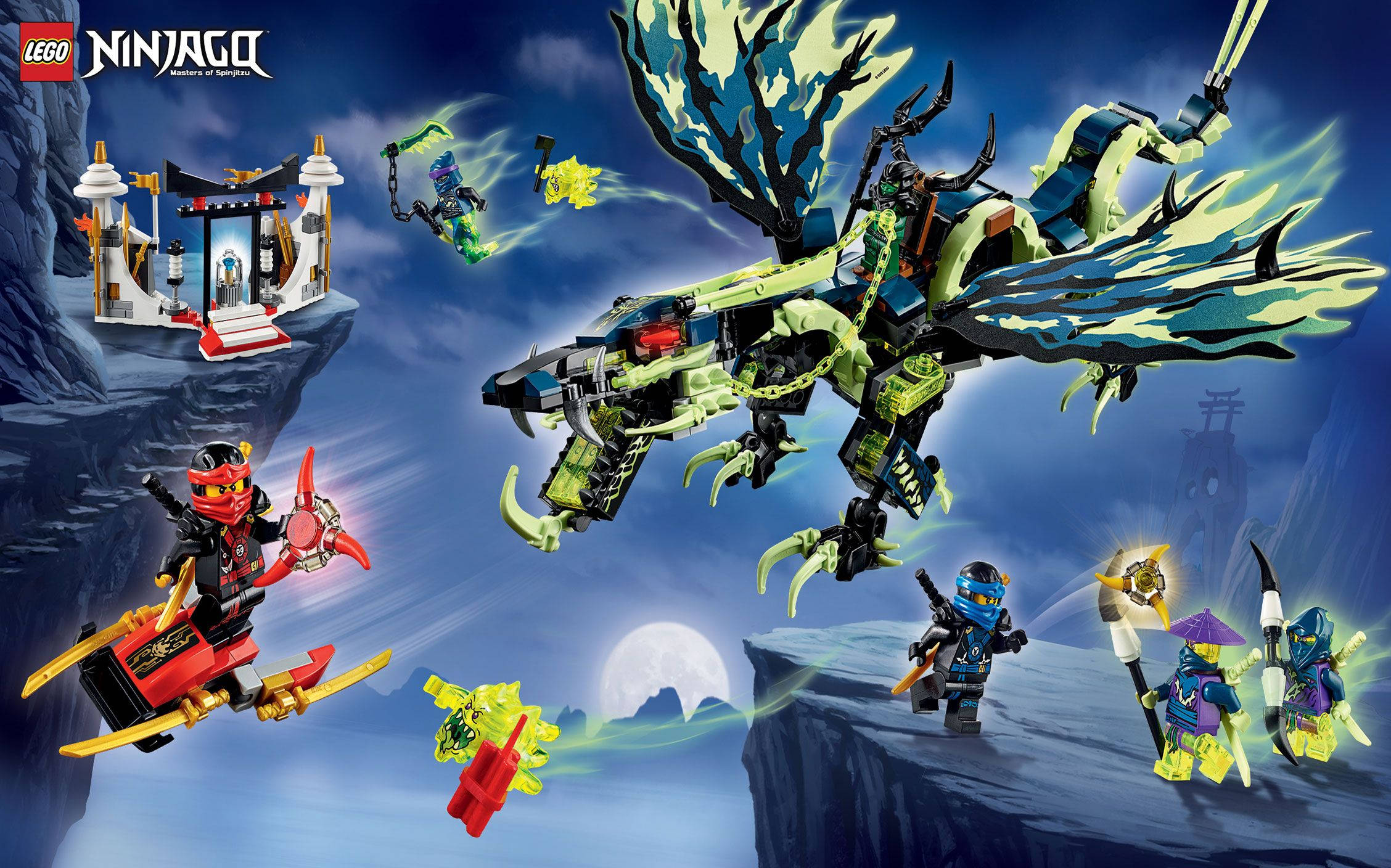 Ninjago 桌布 壁紙 — LEGO Ninjago 忍者在滿月下的懸崖上與巨型綠色龍戰鬥。