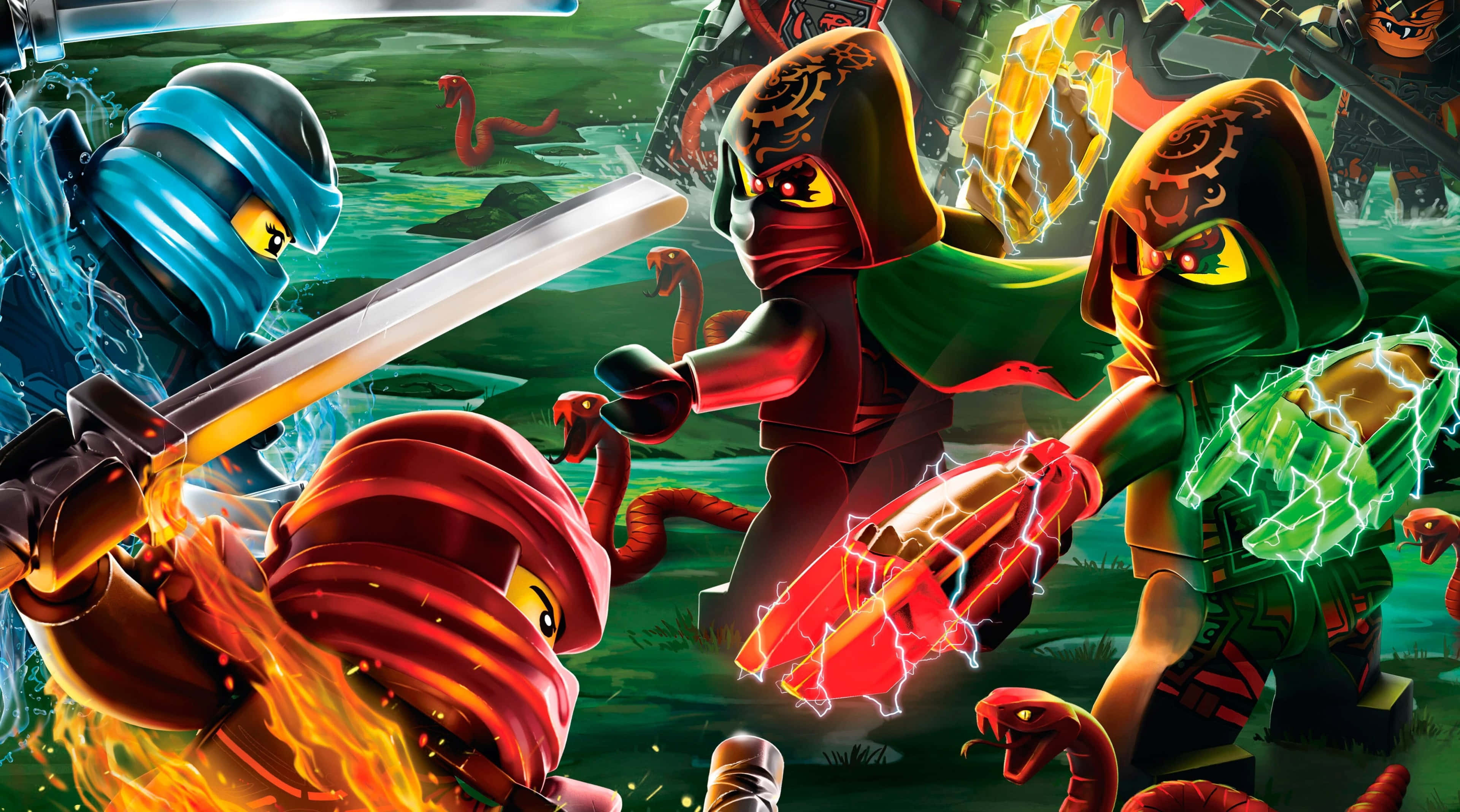 Animated 桌布 壁紙 — LEGO Ninjago 忍者用元素力量在充滿紅蛇的沼澤中戰鬥。
