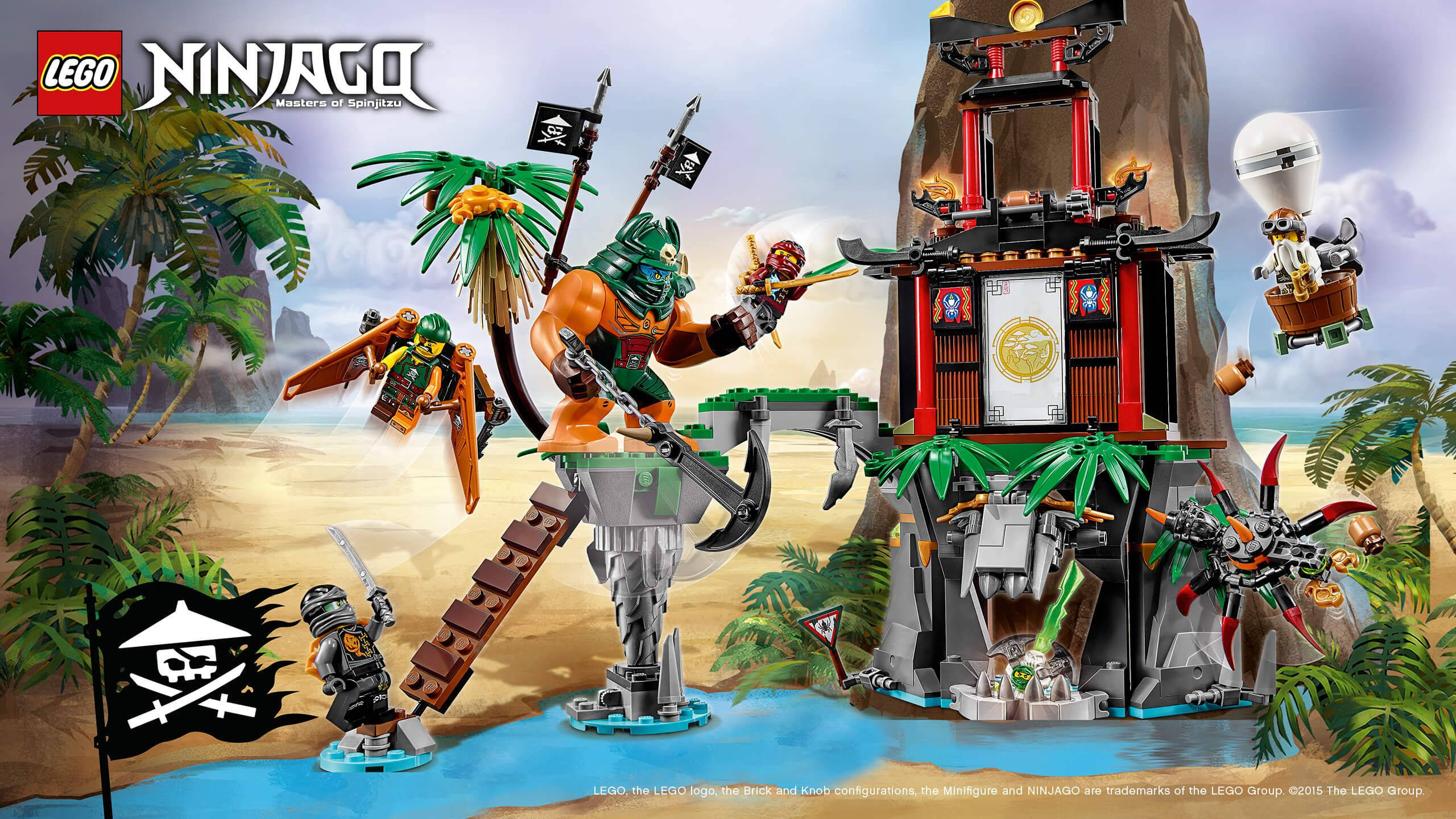 Ninjago 桌布 壁紙 — LEGO Ninjago 海盜迷你人偶在熱帶海灘堡壘附近戰鬥，周圍有棕櫚樹和海盜旗。